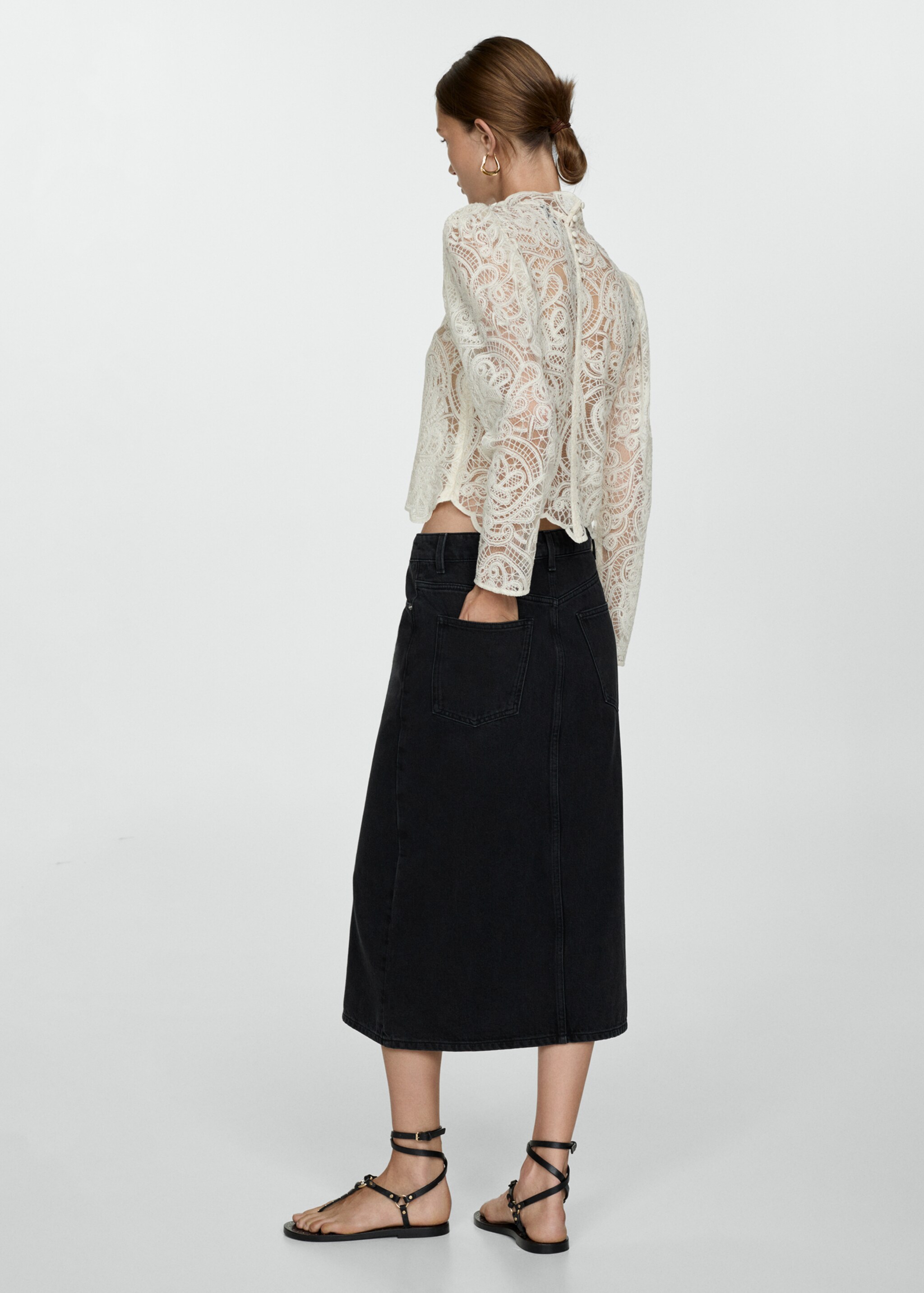 Midi-Jeansrock - Rückseite des Artikels, Black denim. Ref: 77054786-00.