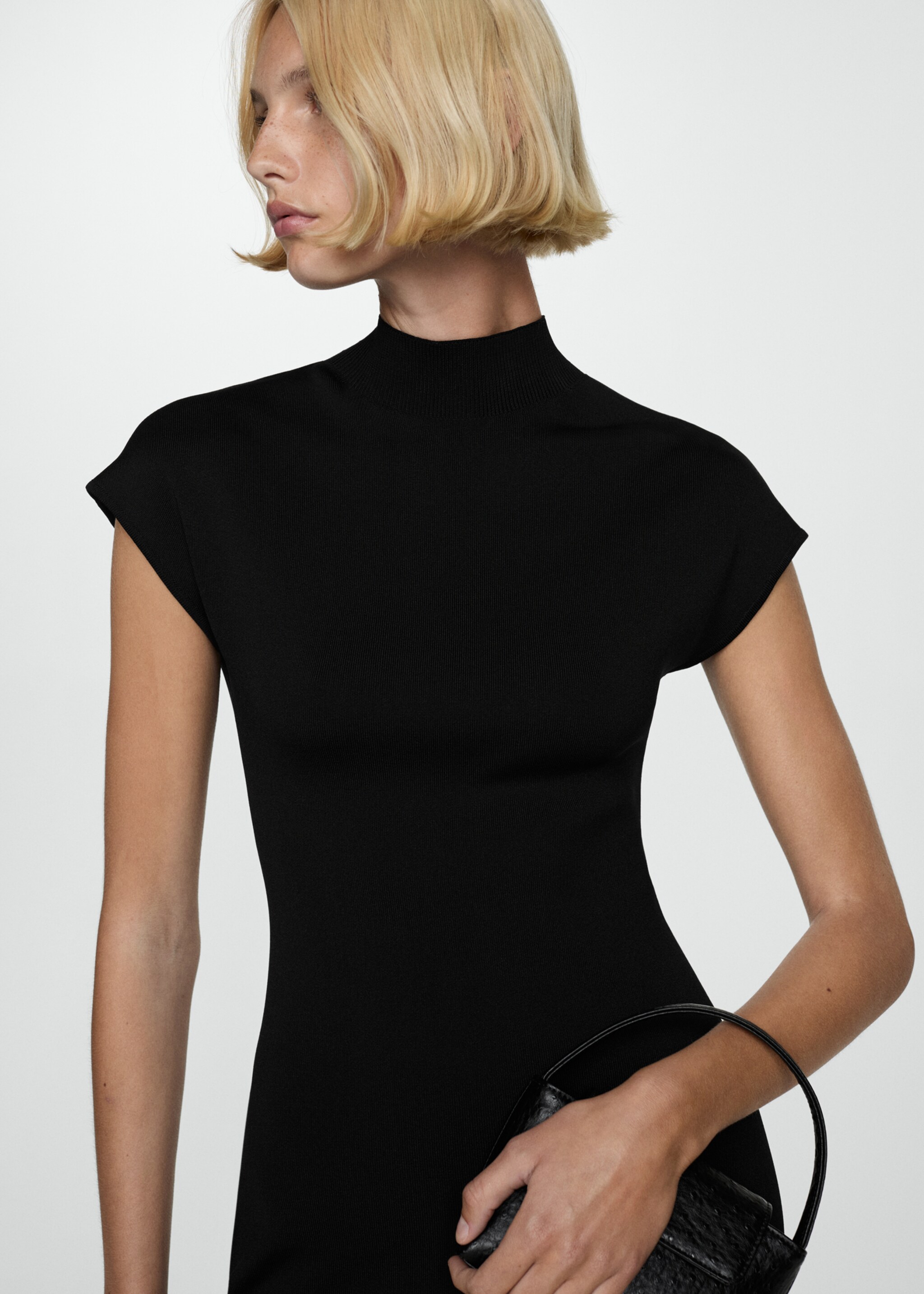 Perkins-neck knitted dress - Medium plane, Black. Ref: 77055641-00.