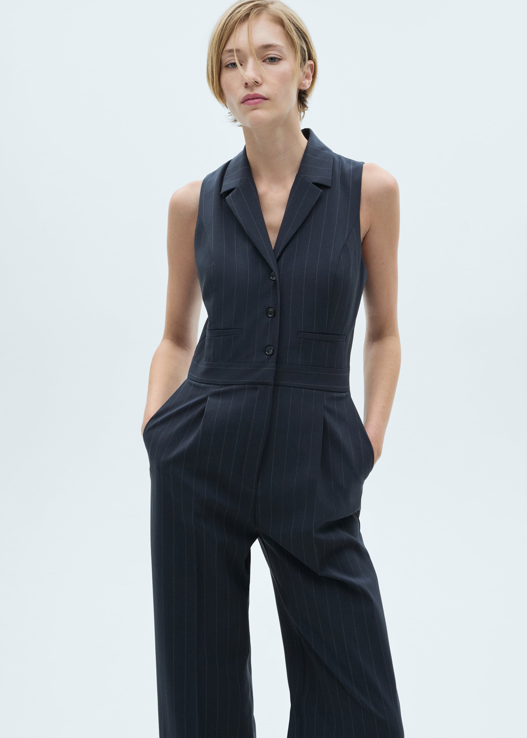 Long pinstripe jumpsuit - Medium plane, Dark Navy. Ref: 77055659-00.