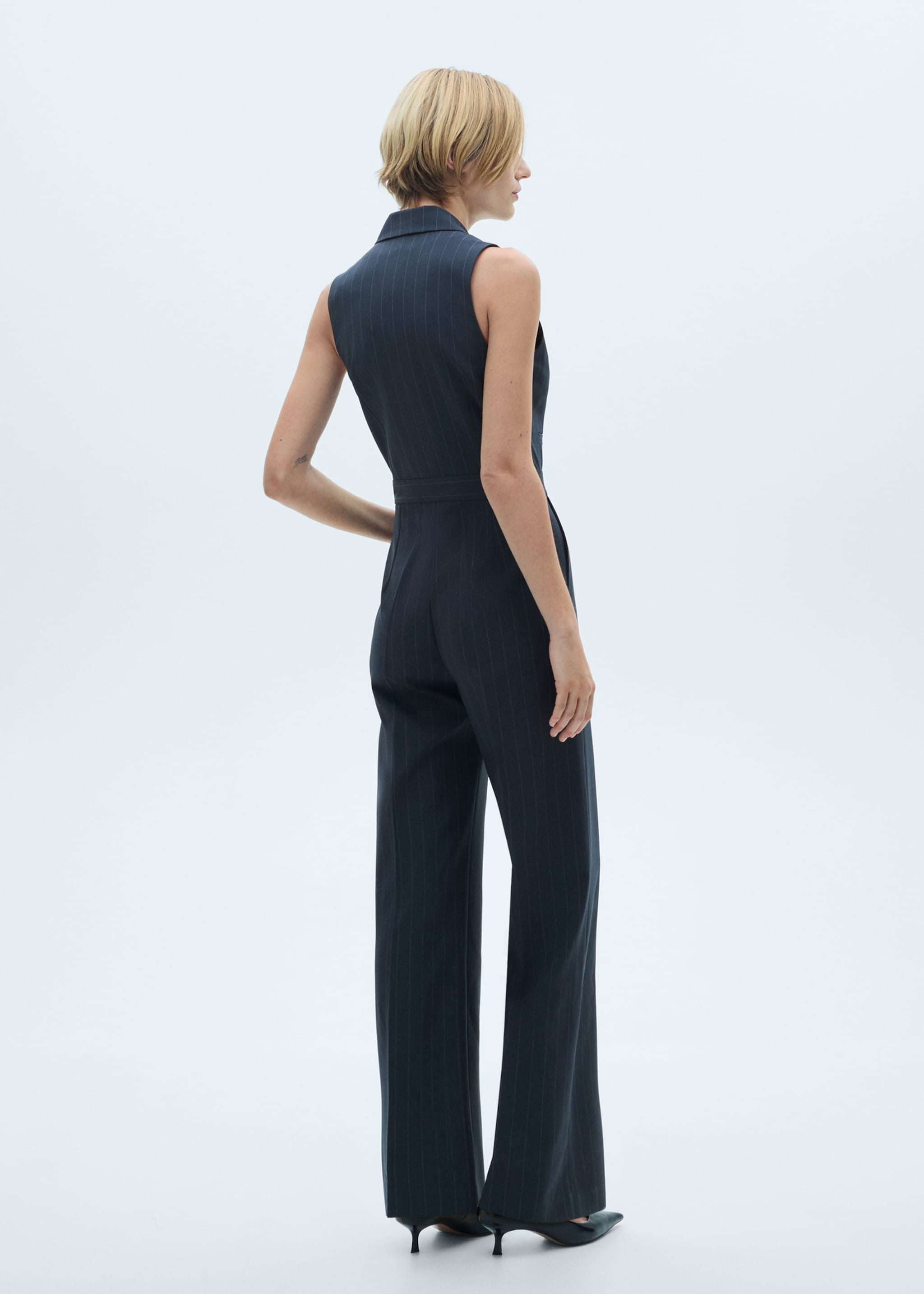 Long pinstripe jumpsuit - Reverse of the article, Dark Navy. Ref: 77055659-00.