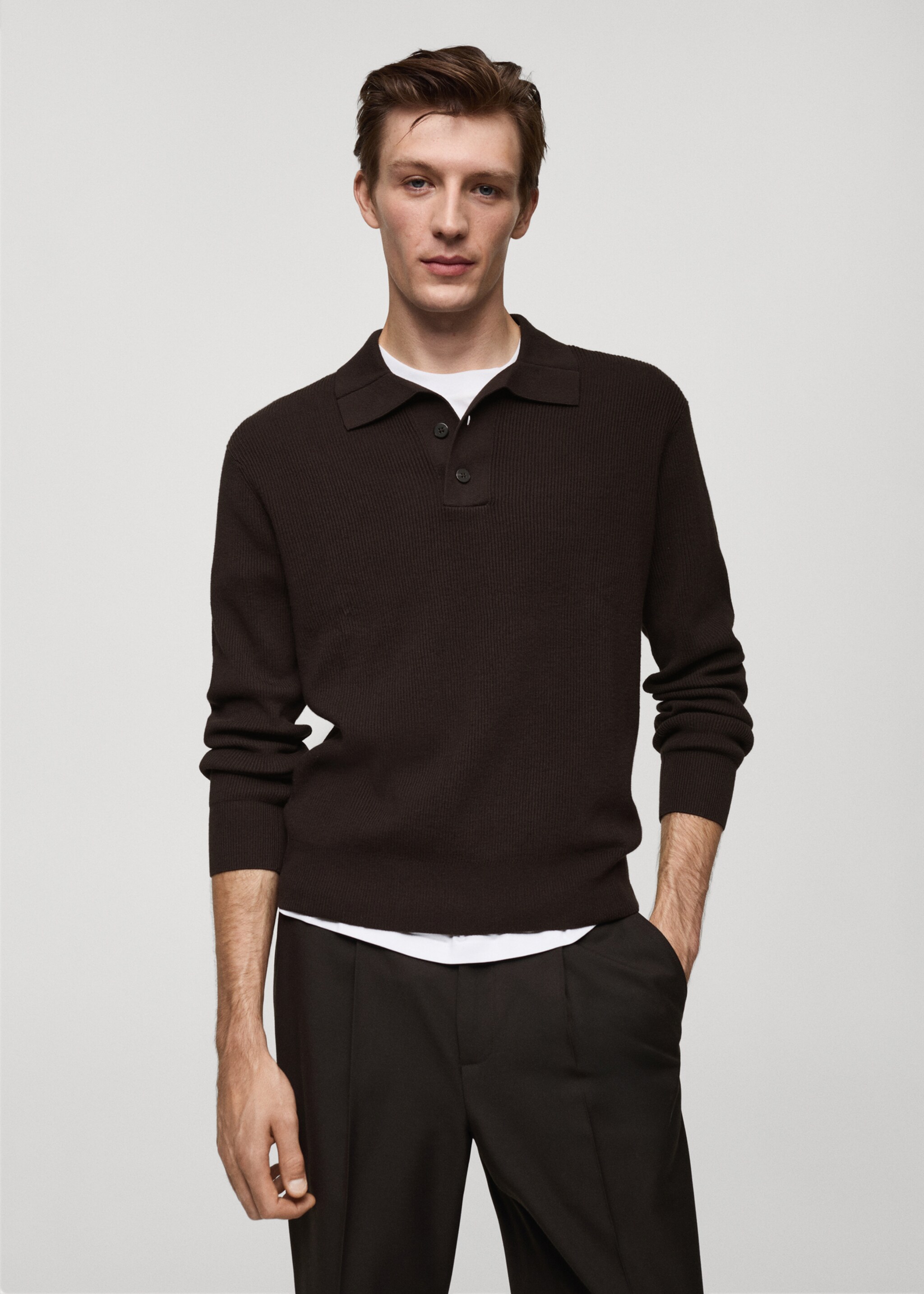 Fine-knit ribbed cotton polo shirt - Medium plane, Chocolate. Ref: 77055972-00.