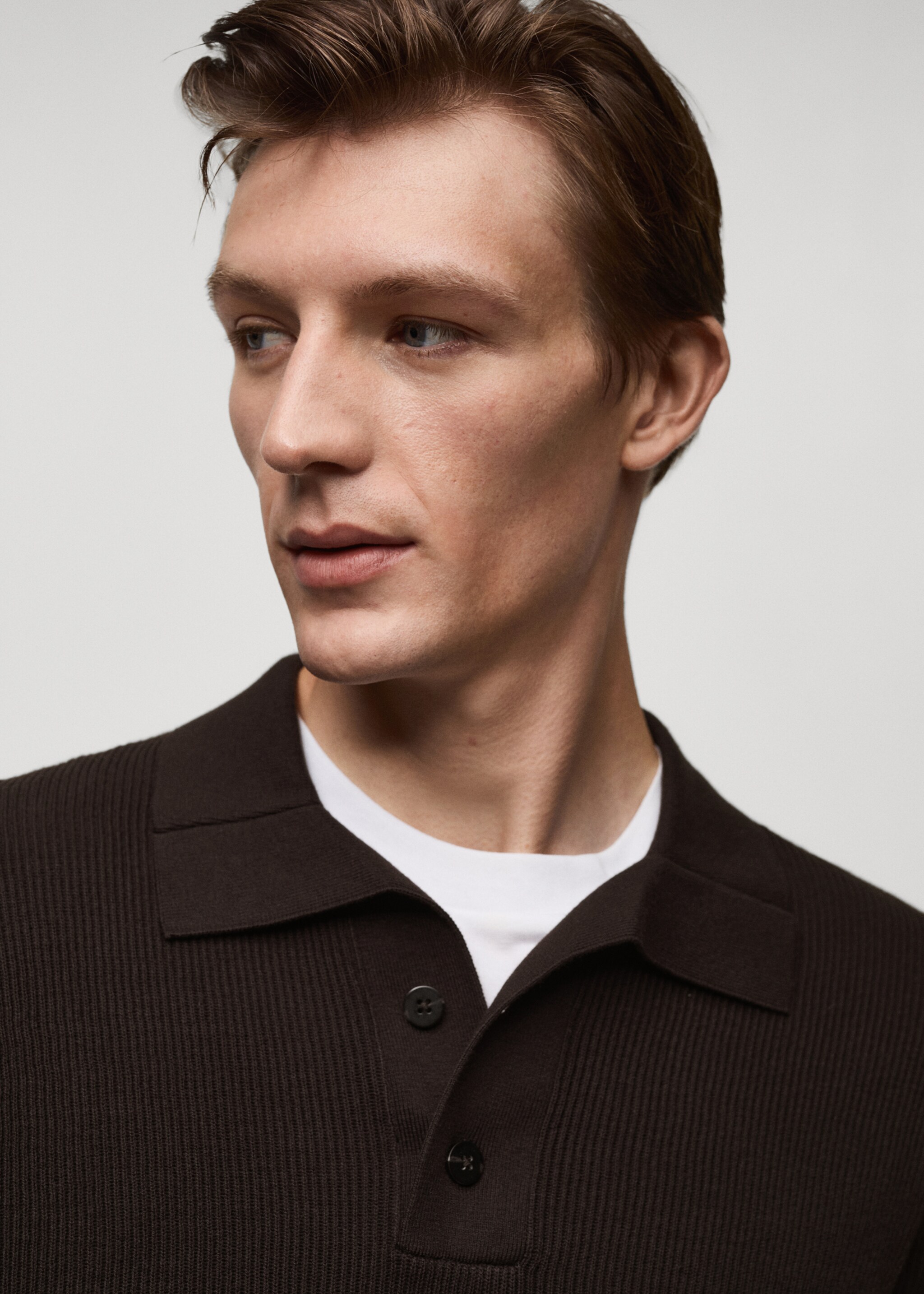 Fine-knit ribbed cotton polo shirt - Details of the article 1, Chocolate. Ref: 77055972-00.