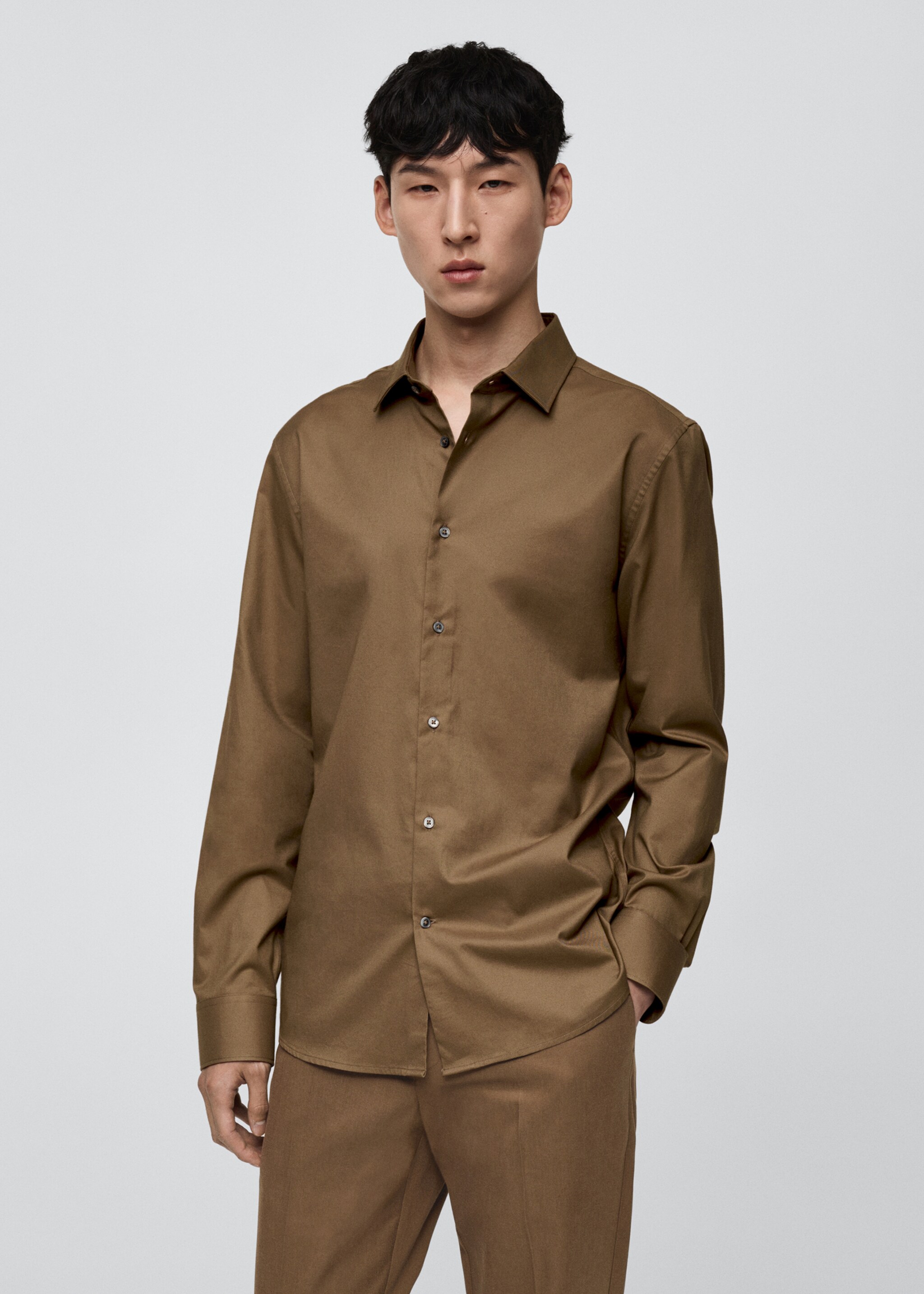 100% cotton twill regular-fit shirt - Medium plane, Brown. Ref: 77055975-00.