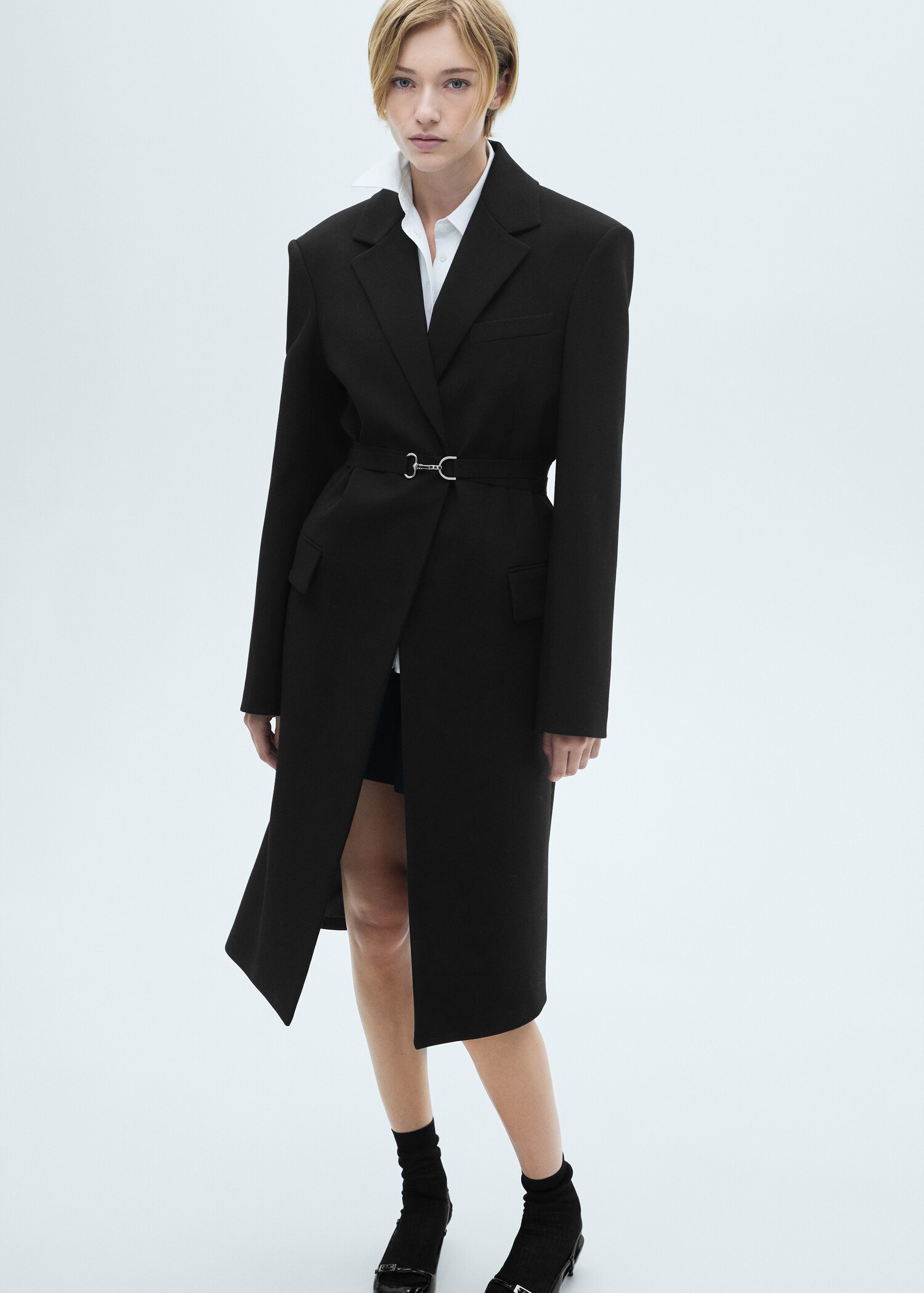 Structured double fabric coat with belt - Medium plane