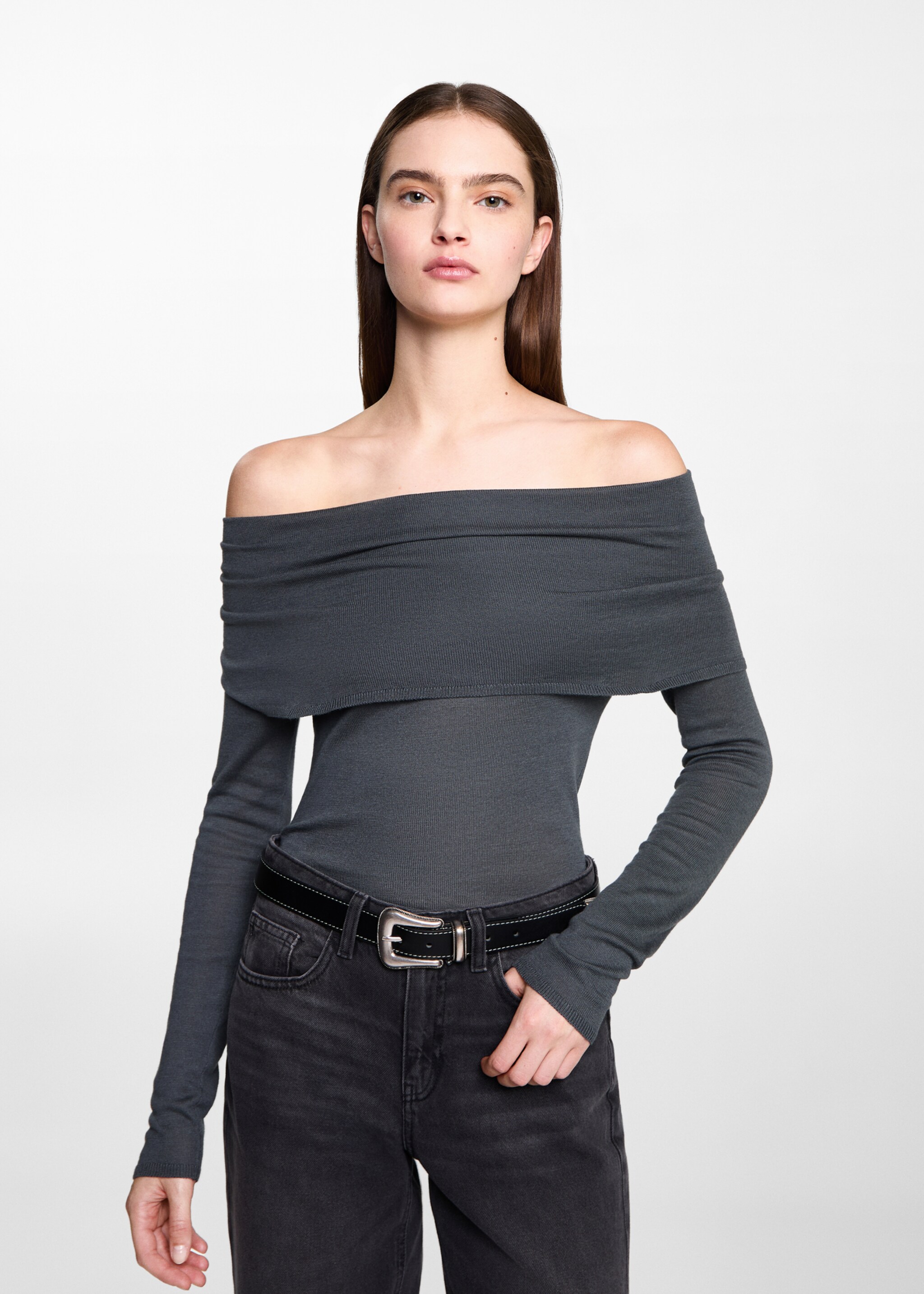 Off shoulders sweater - Medium plane, Charcoal. Ref: 77056738-00.