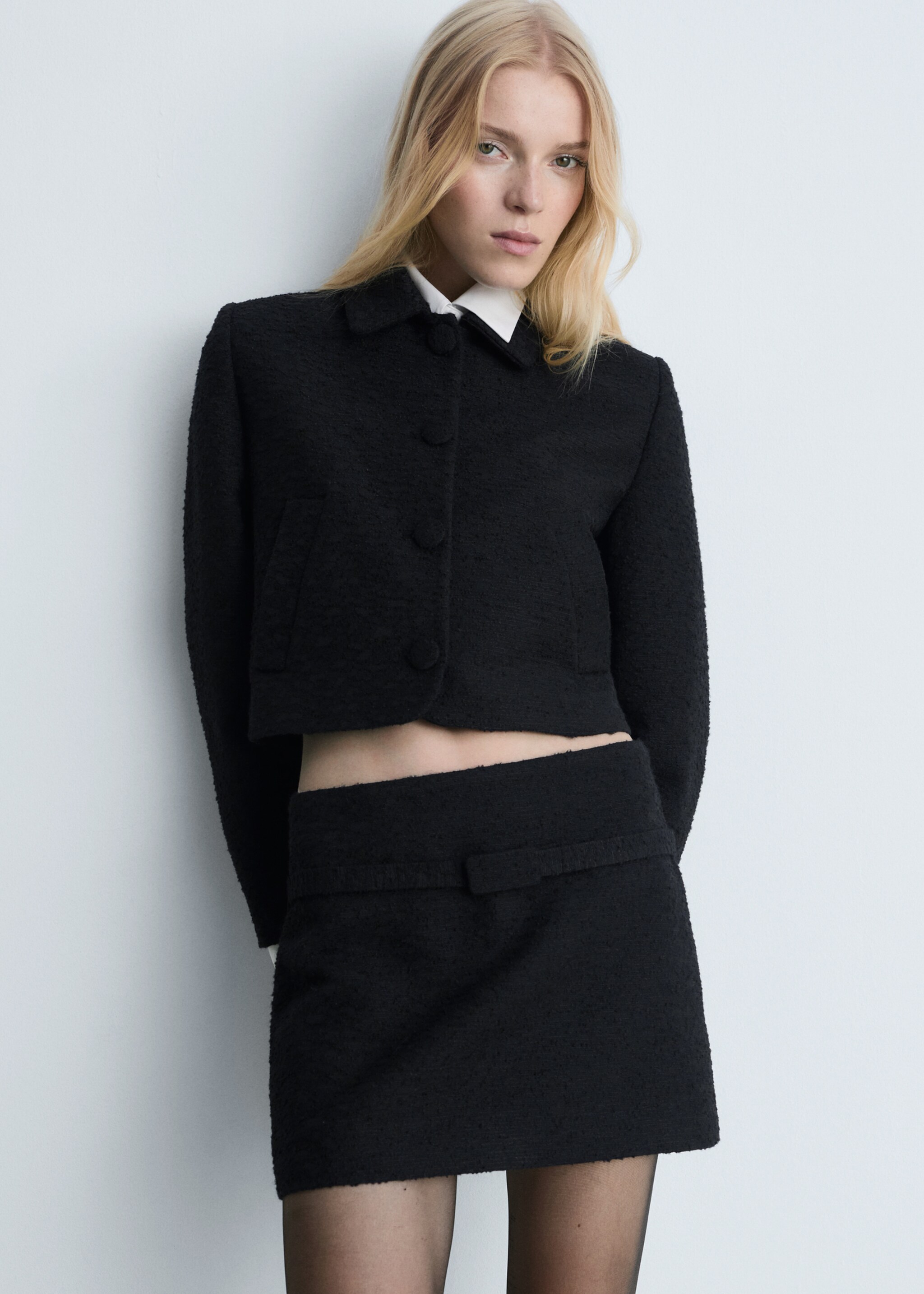 Tweedjacke in Cropped-Länge - Mittlere Ansicht, Schwarz. Ref: 77056761-00.