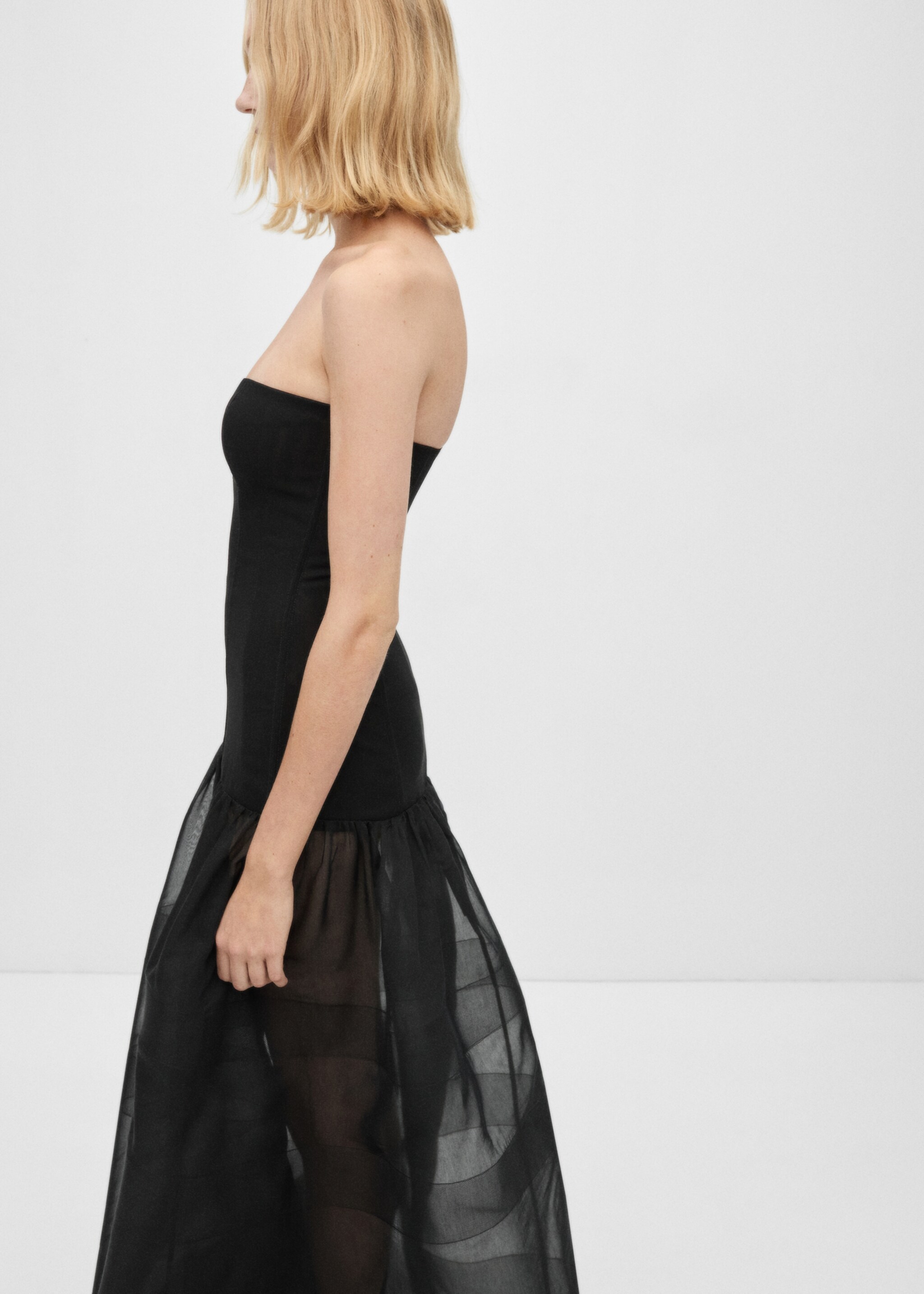 Corset dress with semi-transparent skirt - Details of the article 2, Black. Ref: 77056762-00.