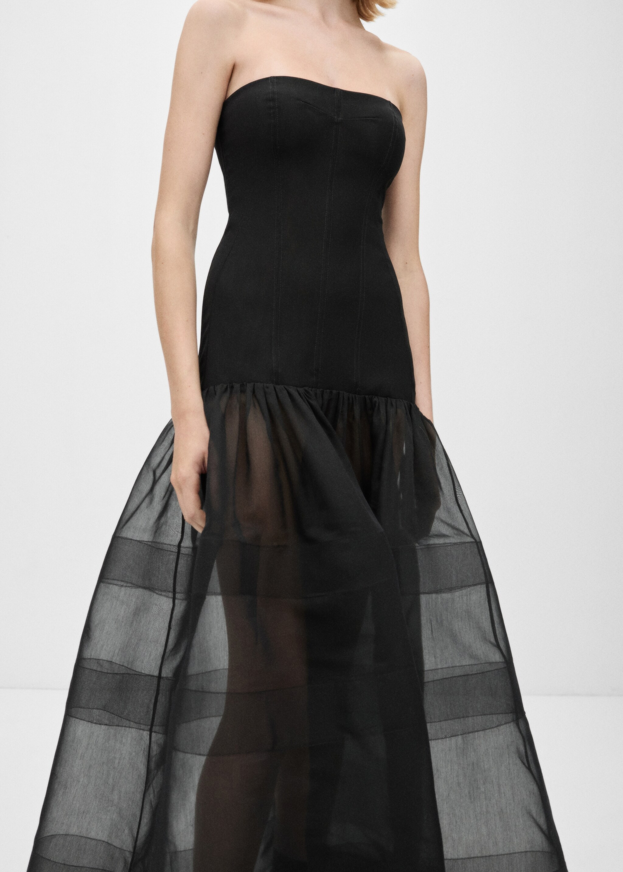 Corset dress with semi-transparent skirt - Details of the article 6, Black. Ref: 77056762-00.
