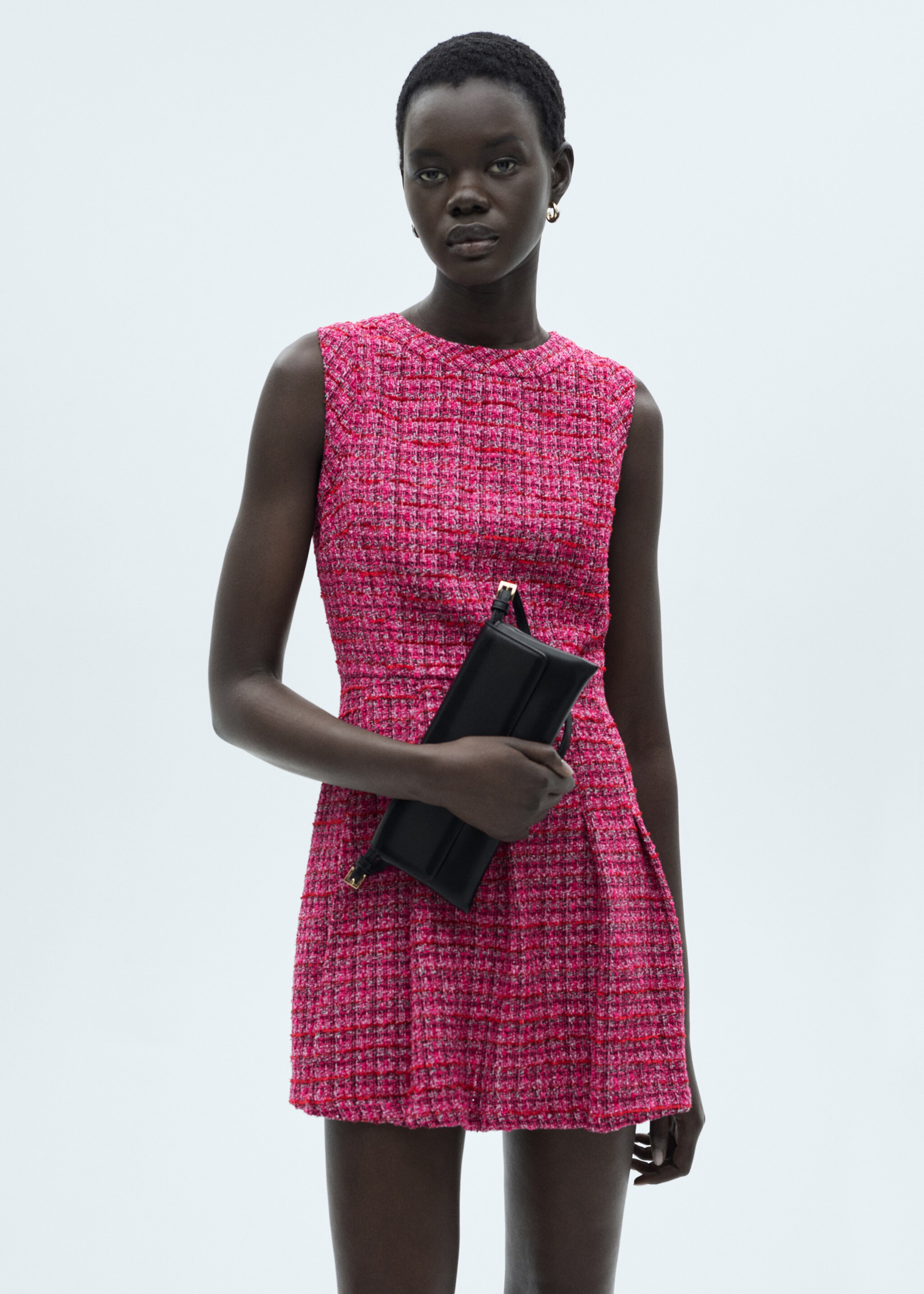 Robe évasée tweed - Plan moyen, Fuchsia. Ref: 77057648-00.