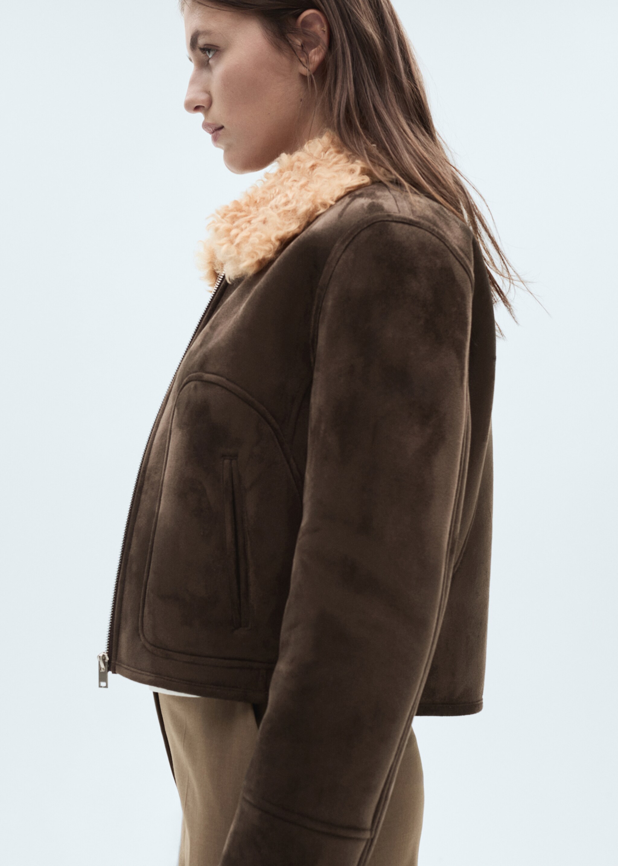 Suede-effect jacket with fleece collar - Medium plane, Grey. Ref: 77057661-00.