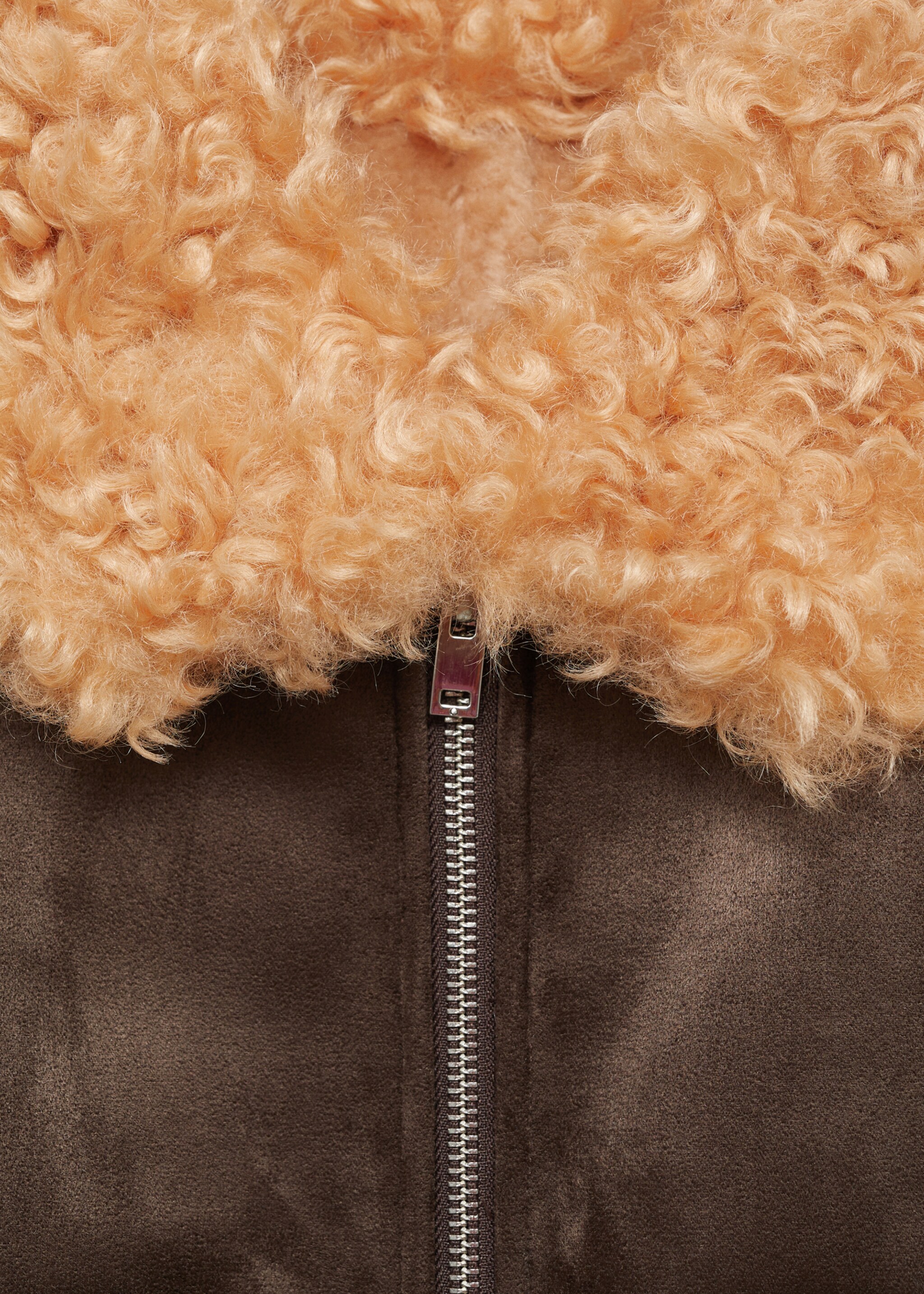 Suede-effect jacket with fleece collar - Details of the article 8, Grey. Ref: 77057661-00.