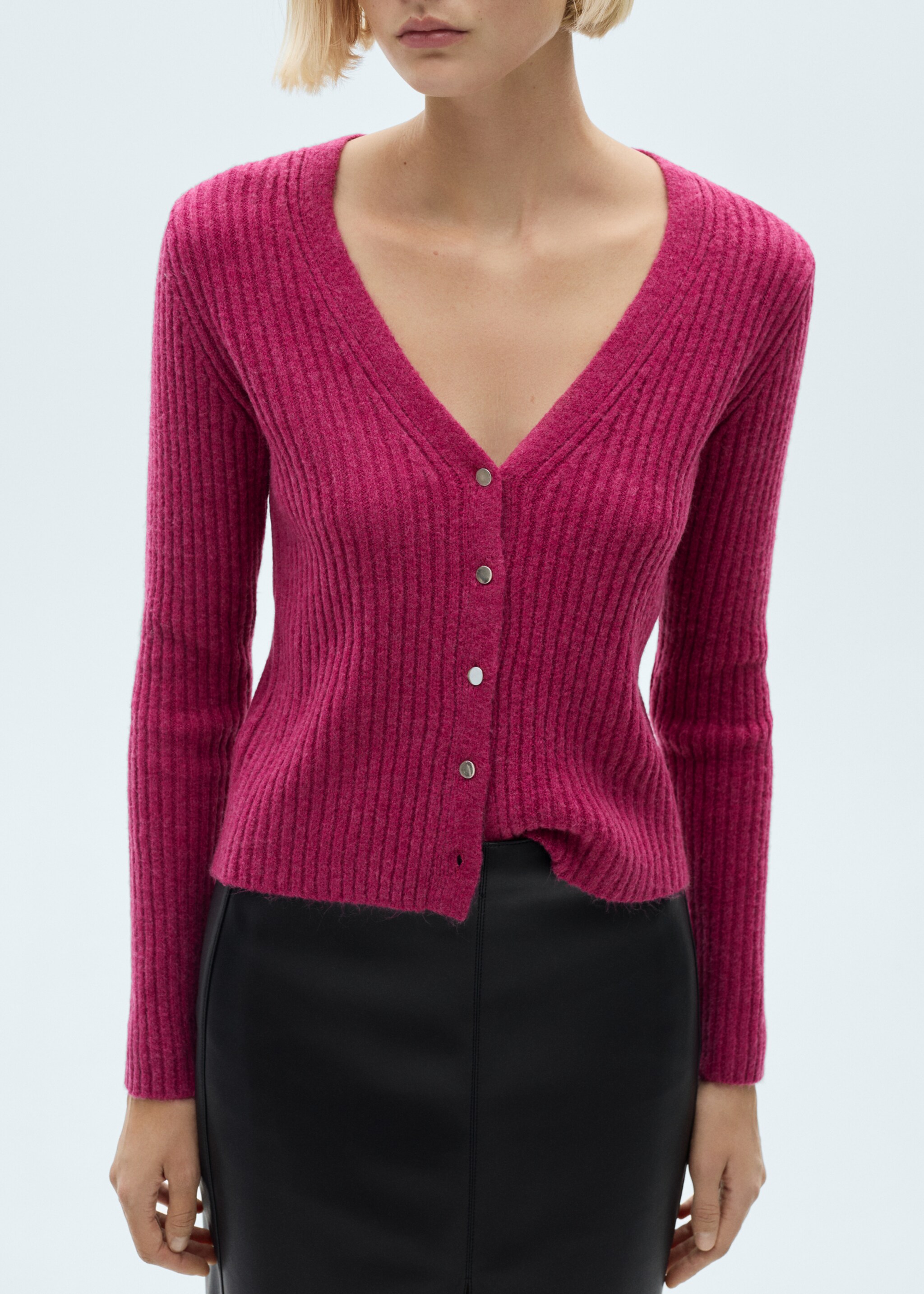 Knitted cardigan with metallic buttons - Details of the article 6, Fuchsia. Ref: 77057686-00.