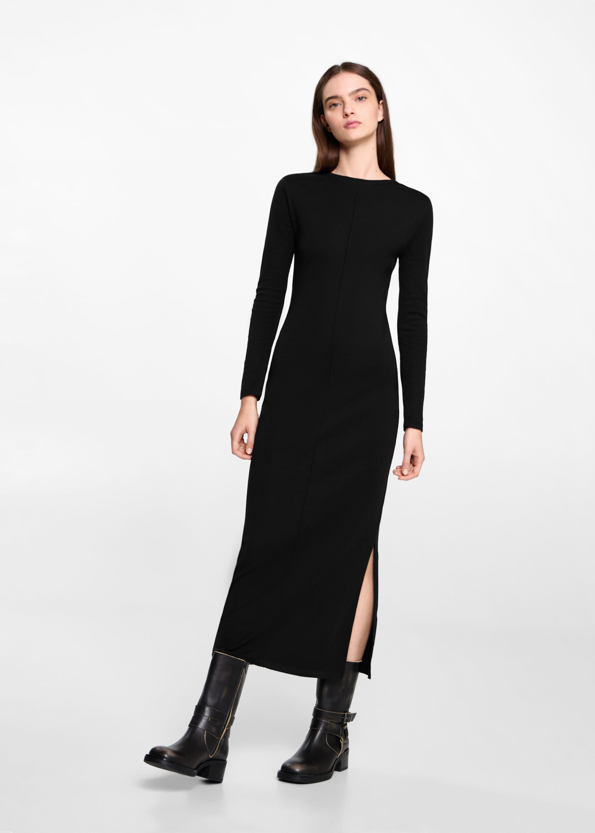 Vestido manga larga abertura - Plano medio, Negro. Ref: 77057687-00.