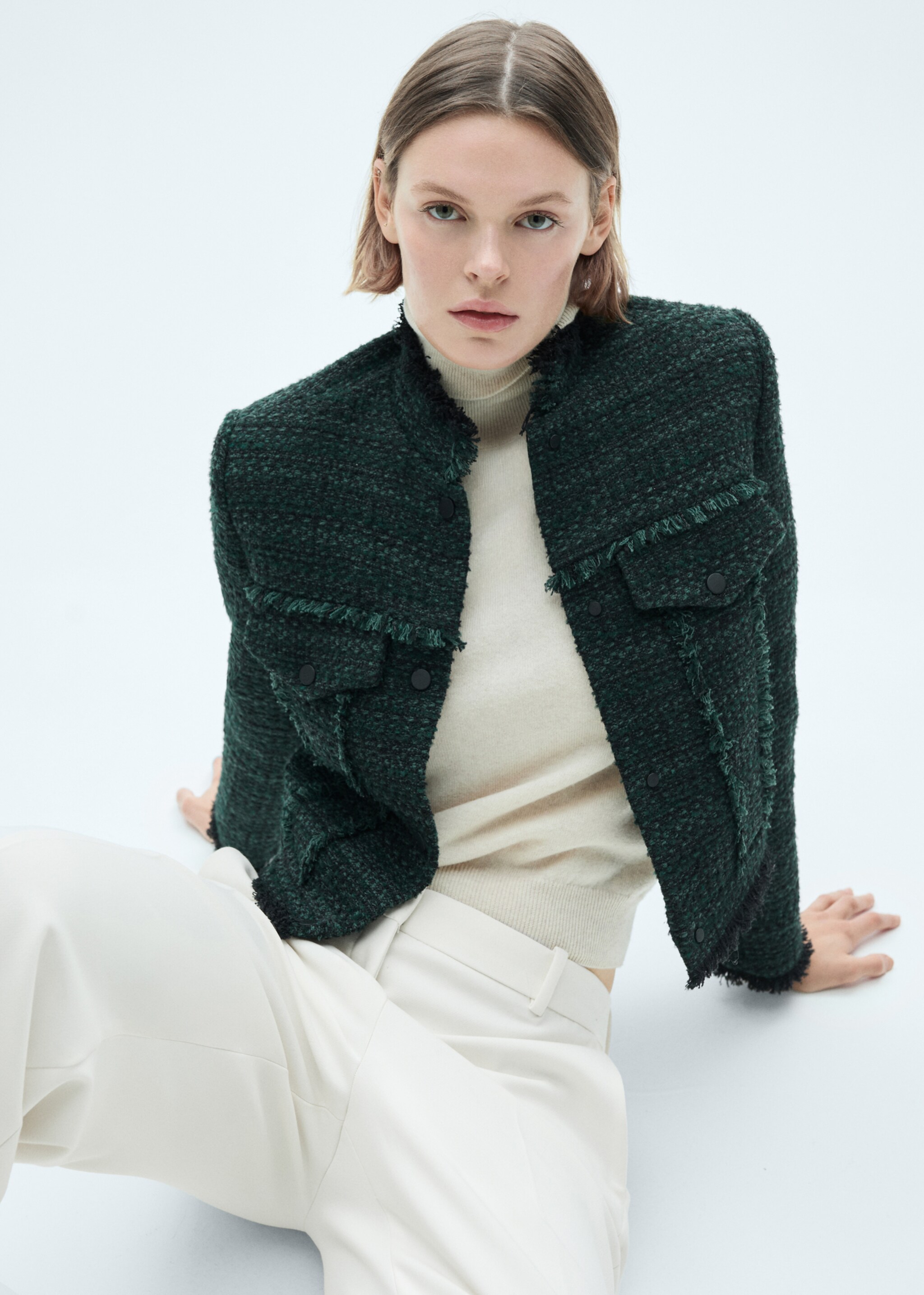 Veste tweed col montant - Plan moyen, Vert foncé. Ref: 77057720-00.