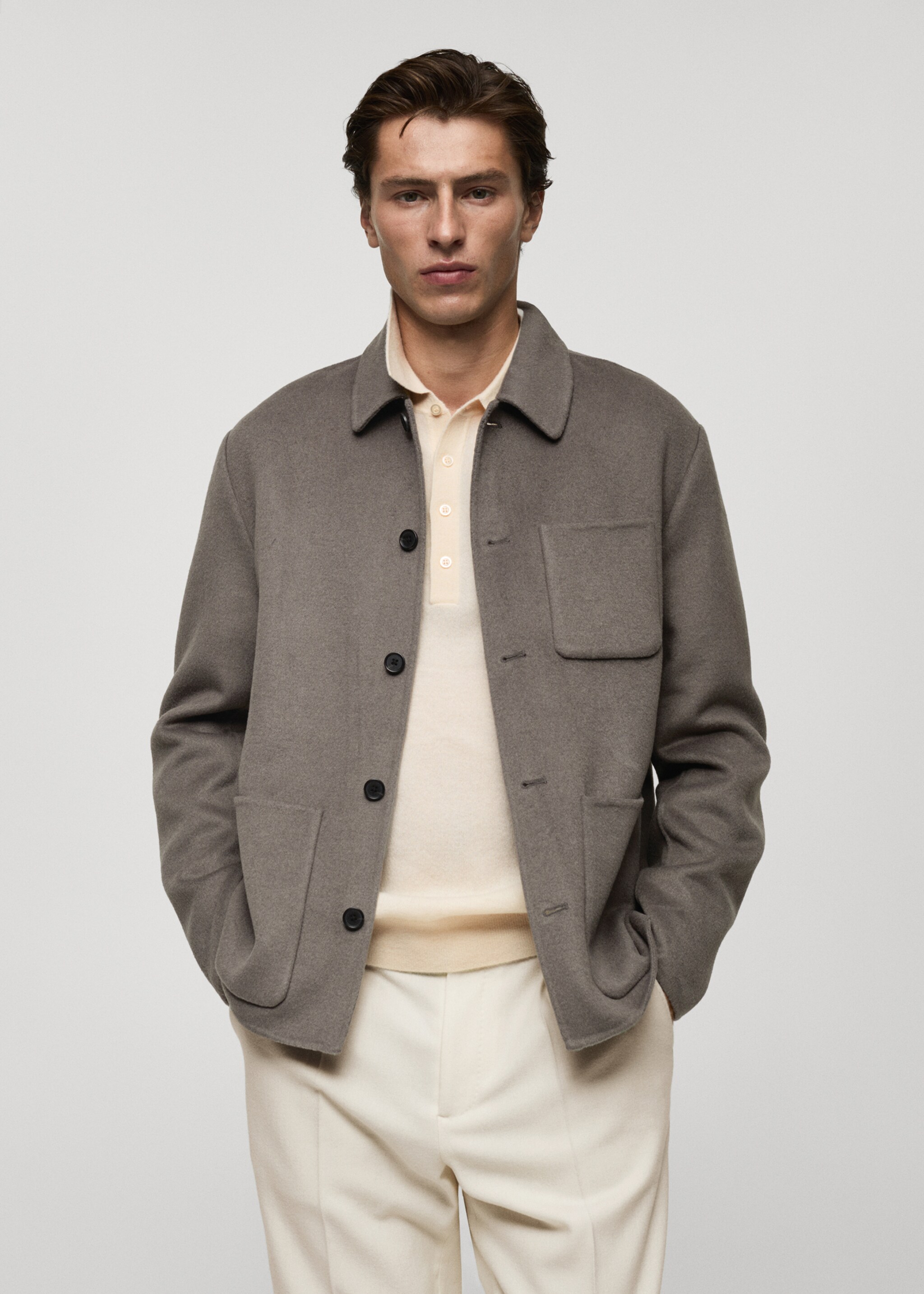 Handmade wool overshirt with pockets - Medium plane, Medium Brown. Ref: 77057912-00.
