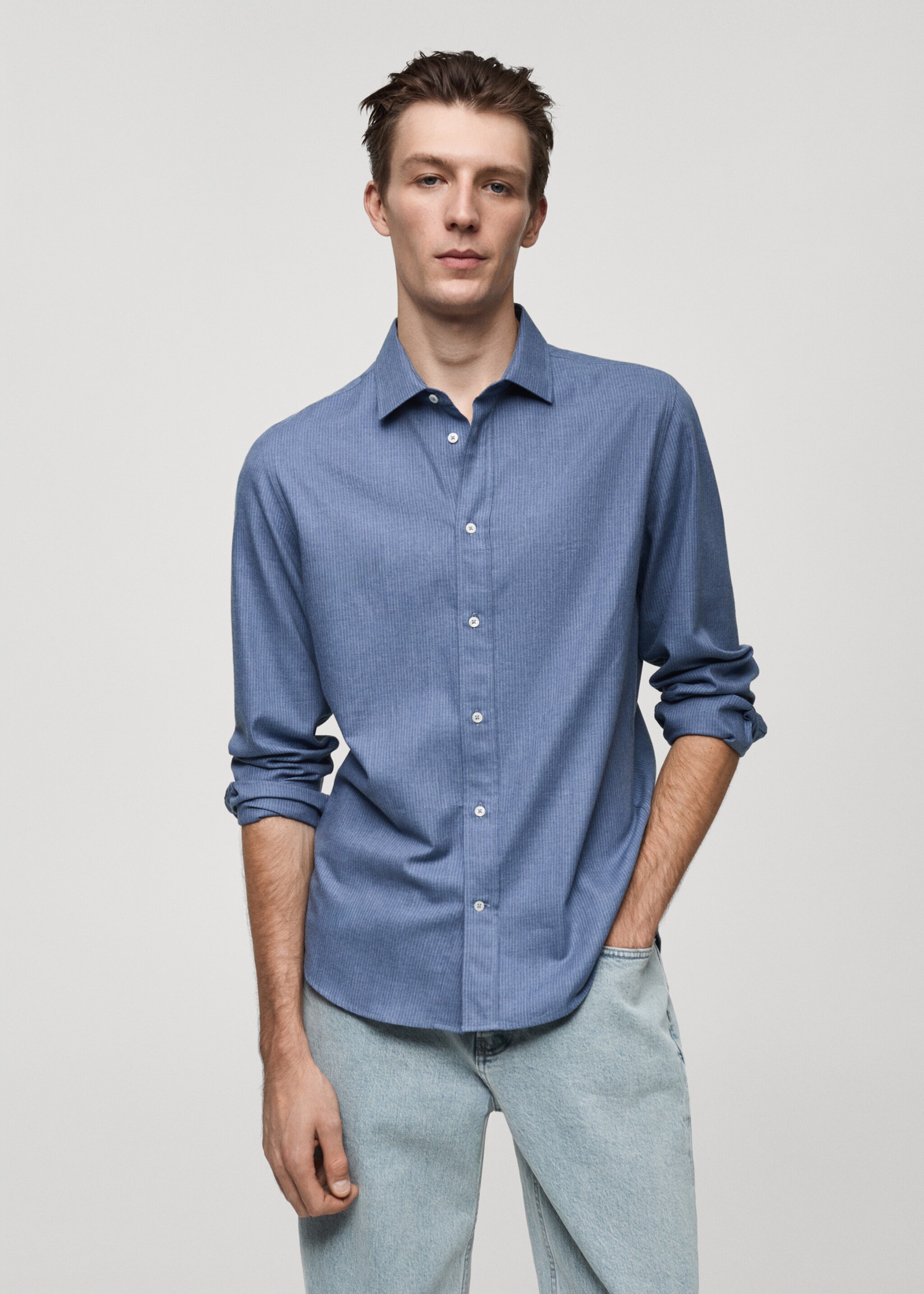 Camisa 100% algodón franela mil rayas - Plano medio, Azul. Ref: 77057924-00.