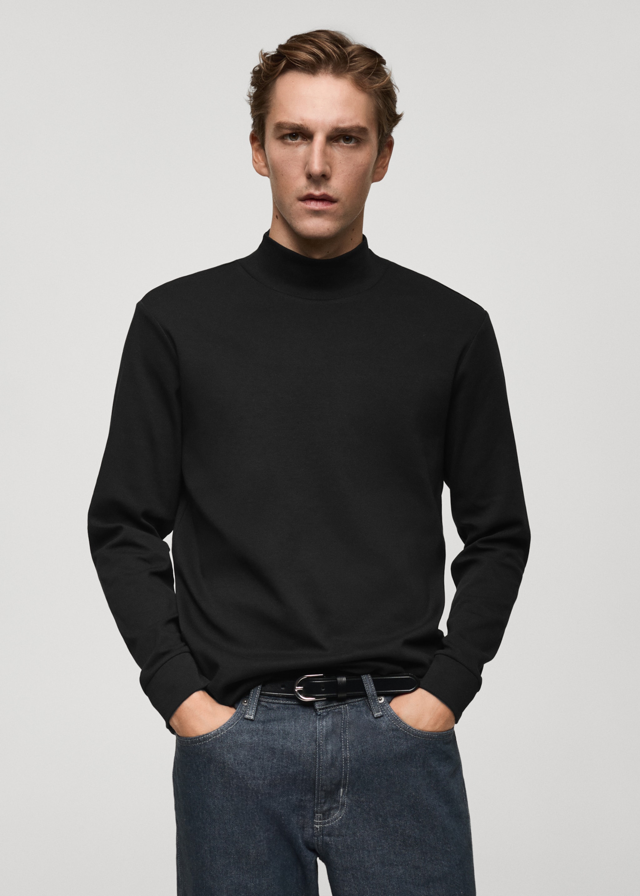 Cotton t-shirt with perkins neck - Medium plane, Black. Ref: 77057932-00.