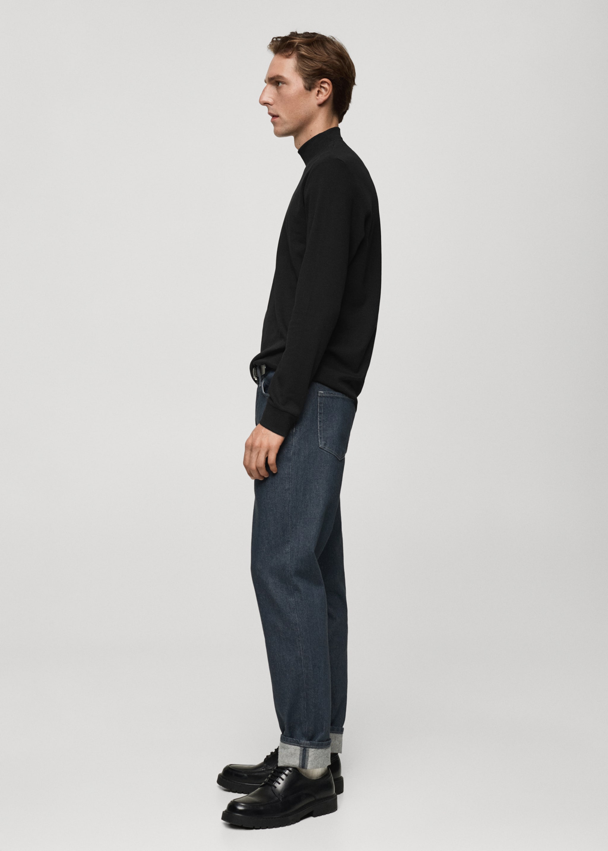 Cotton t-shirt with perkins neck - Details of the article 2, Black. Ref: 77057932-00.
