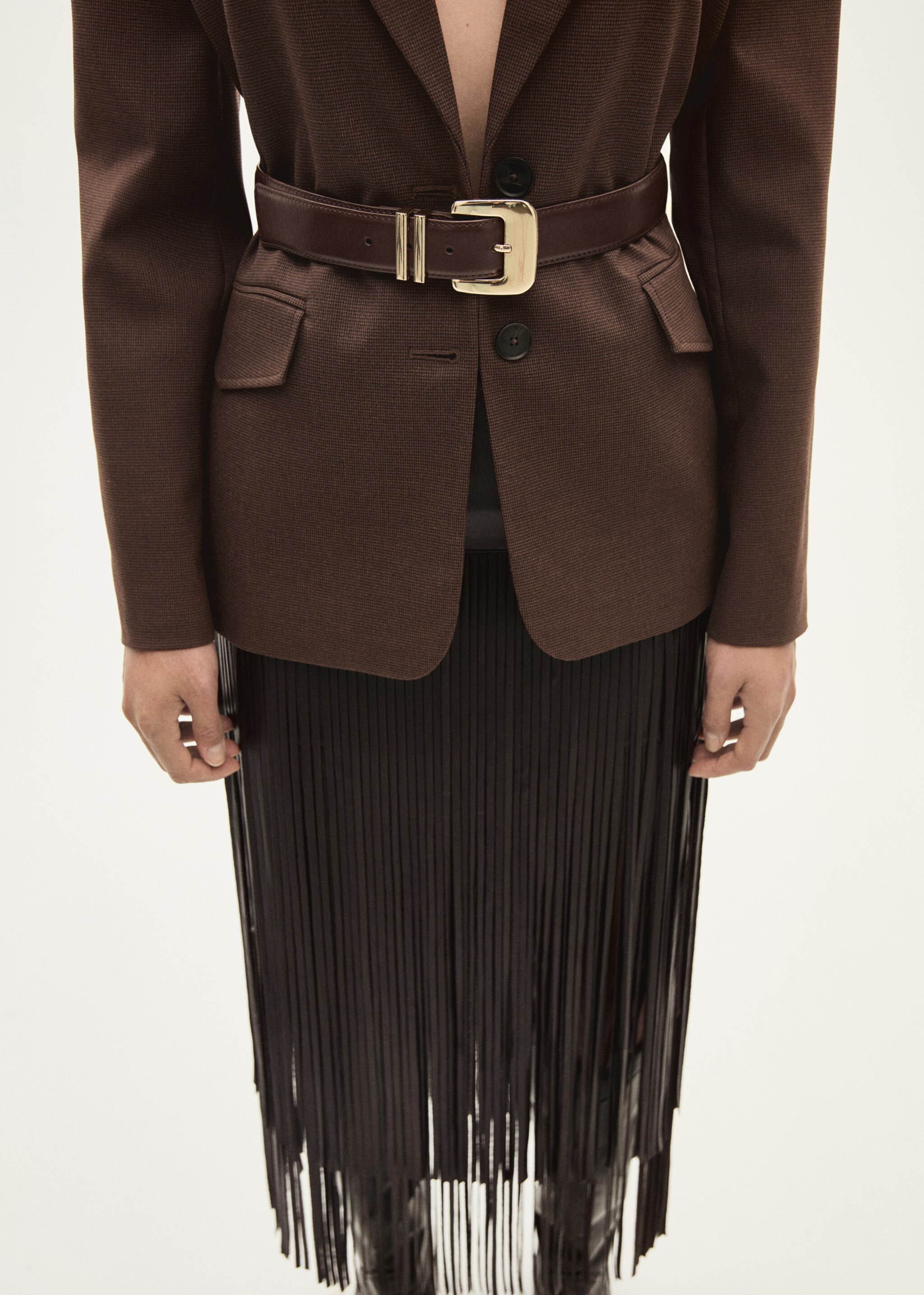 Leather-effect fringed skirt - Medium plane, Brown. Ref: 77058266-00.