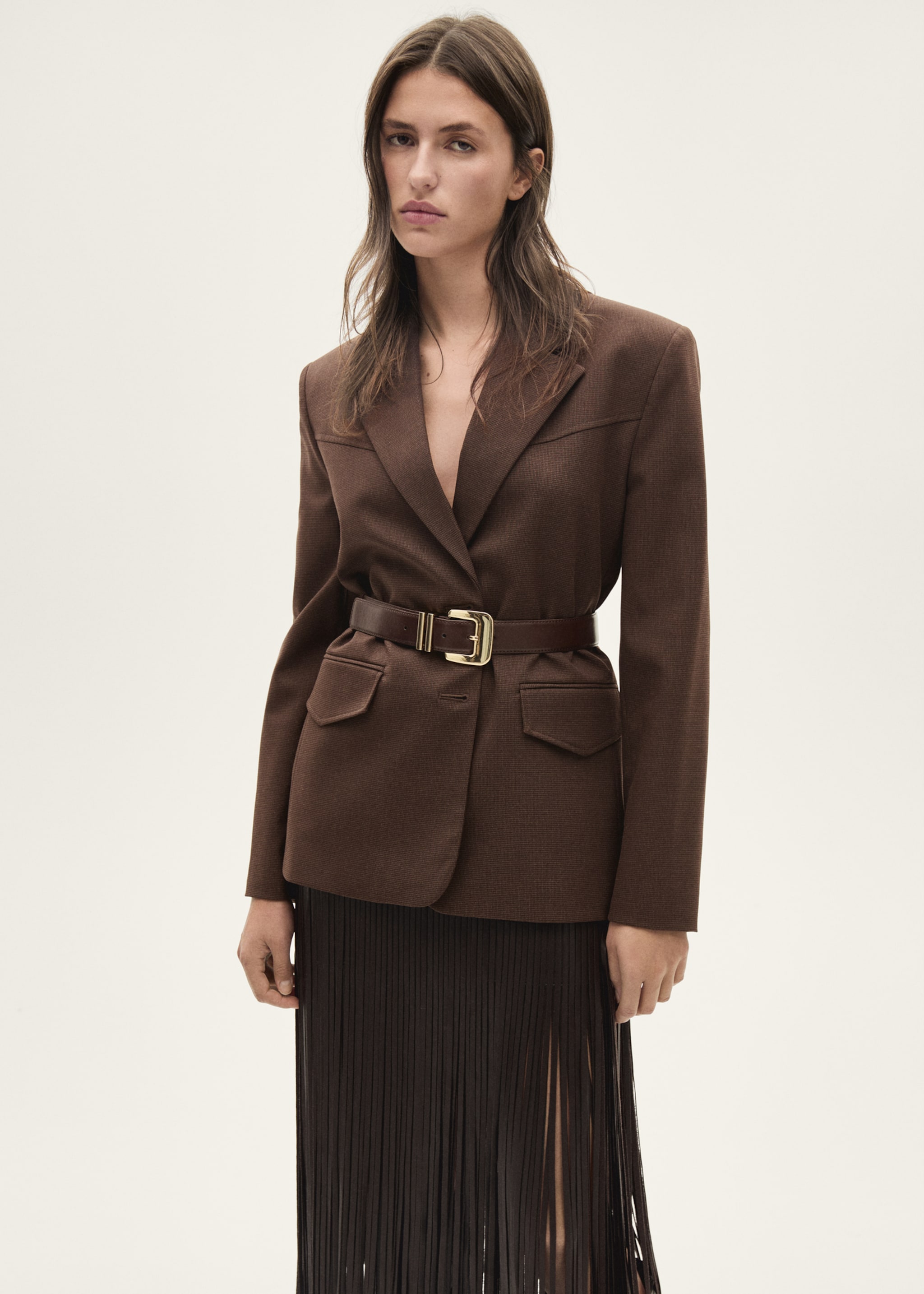 Leather-effect fringed skirt - Details of the article 1, Brown. Ref: 77058266-00.