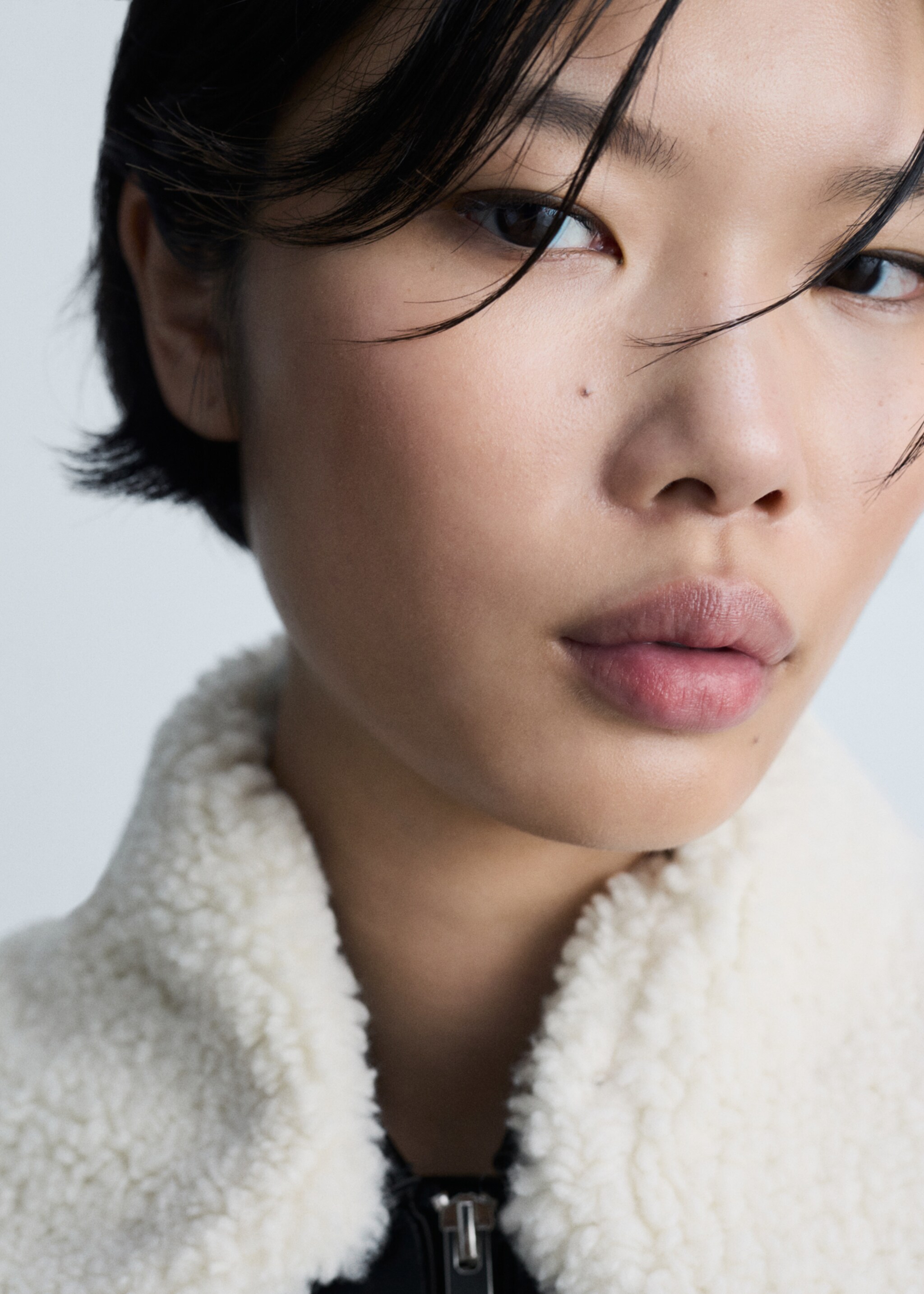 Jacke mit abnehmbarem Kunstshearling-Kragen - Detail des Artikels 1, Schwarz. Ref: 77058275-00.