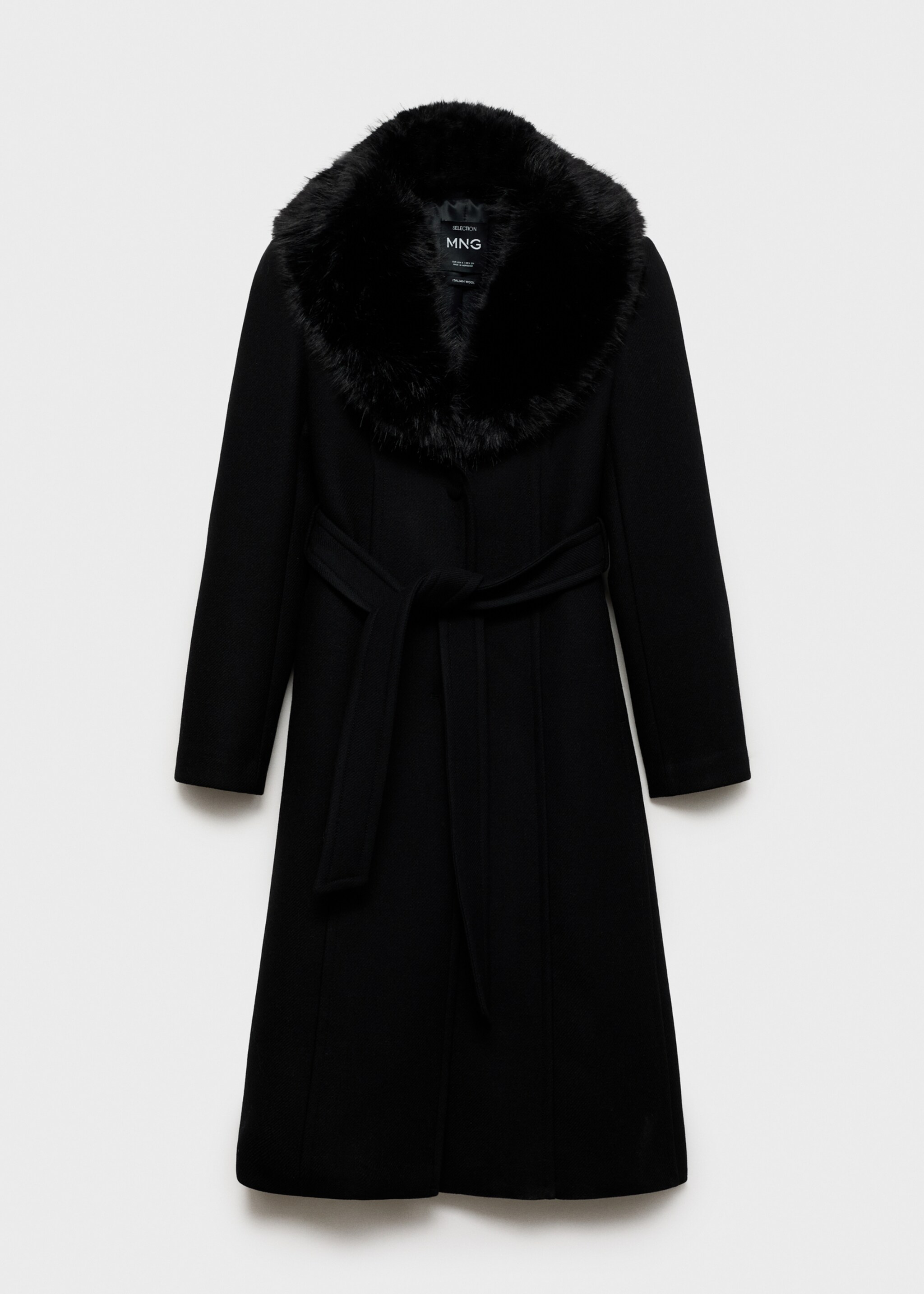 Detachable wool coat with fur-effect collar - Article without model, Black. Ref: 77058279-00.