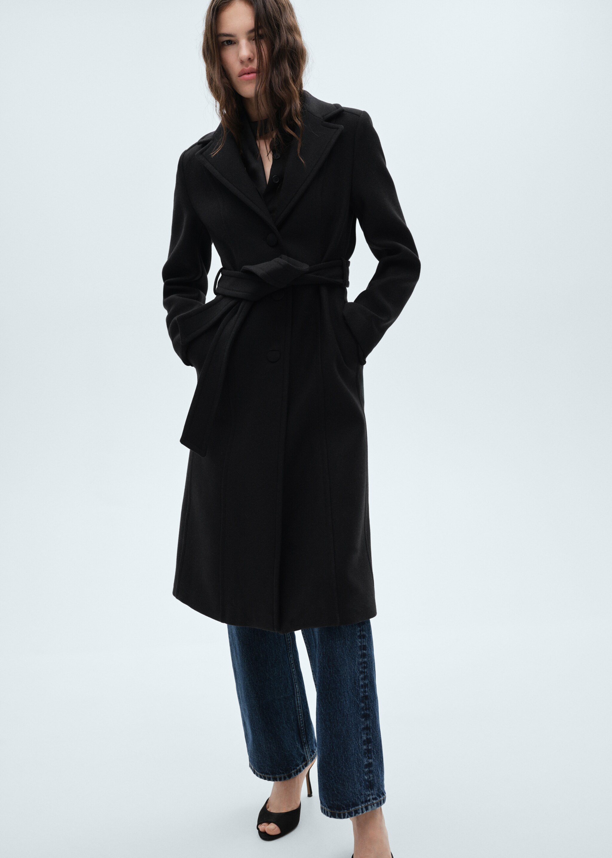 Detachable wool coat with fur-effect collar - Details of the article 2, Black. Ref: 77058279-00.