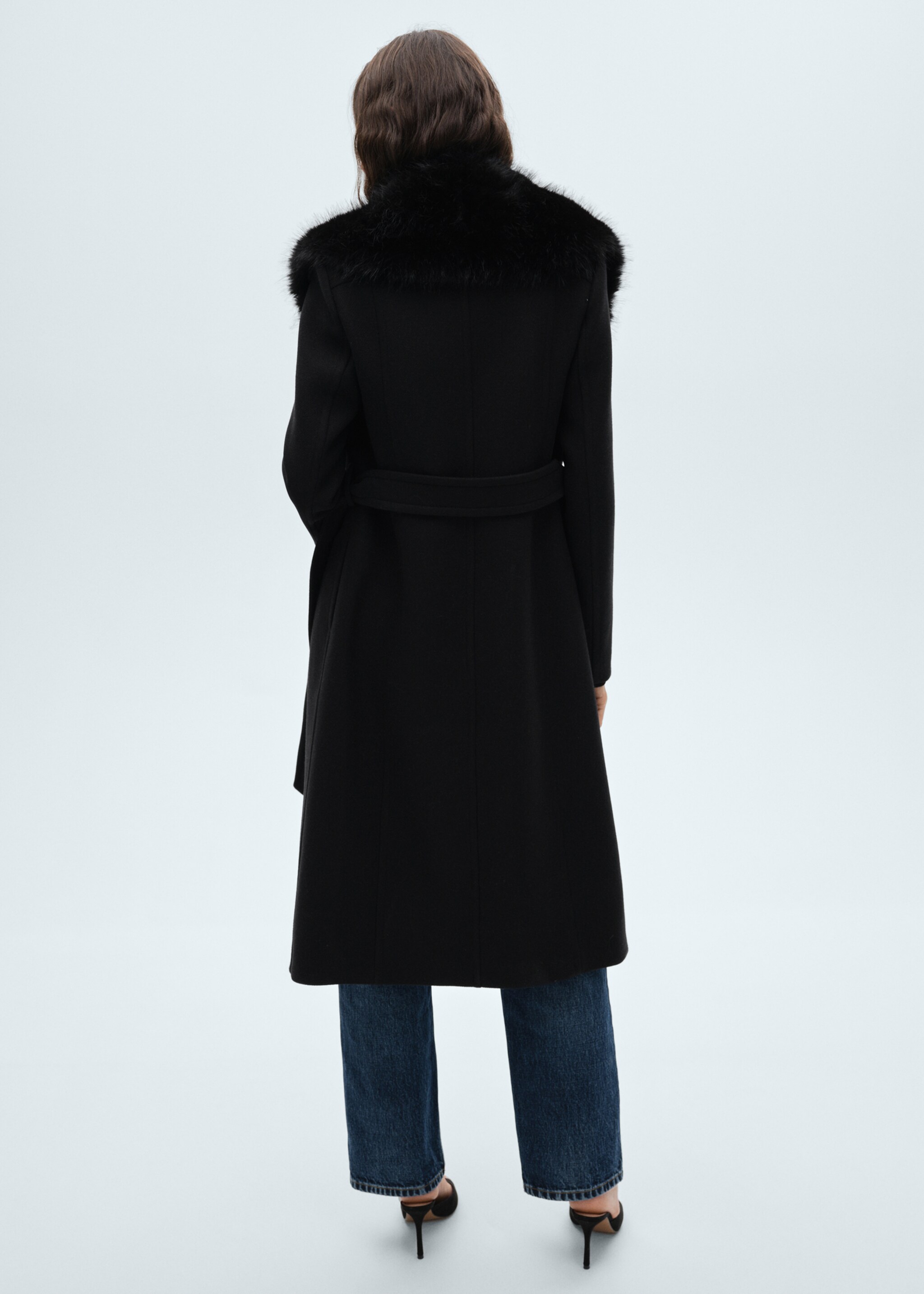Detachable wool coat with fur-effect collar - Reverse of the article, Black. Ref: 77058279-00.