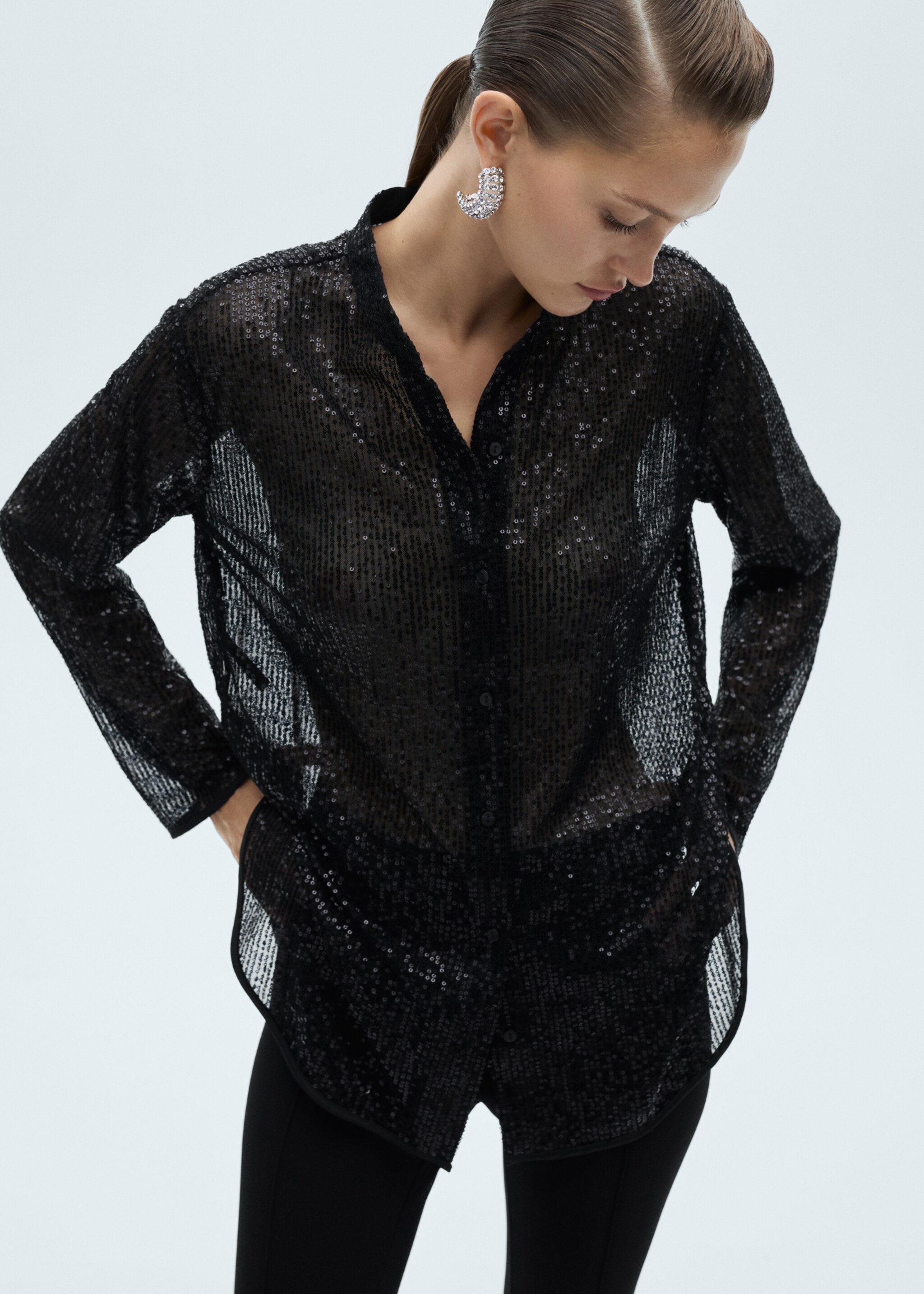 Semi-transparent sequined shirt - Medium plane, Black. Ref: 77059067-00.