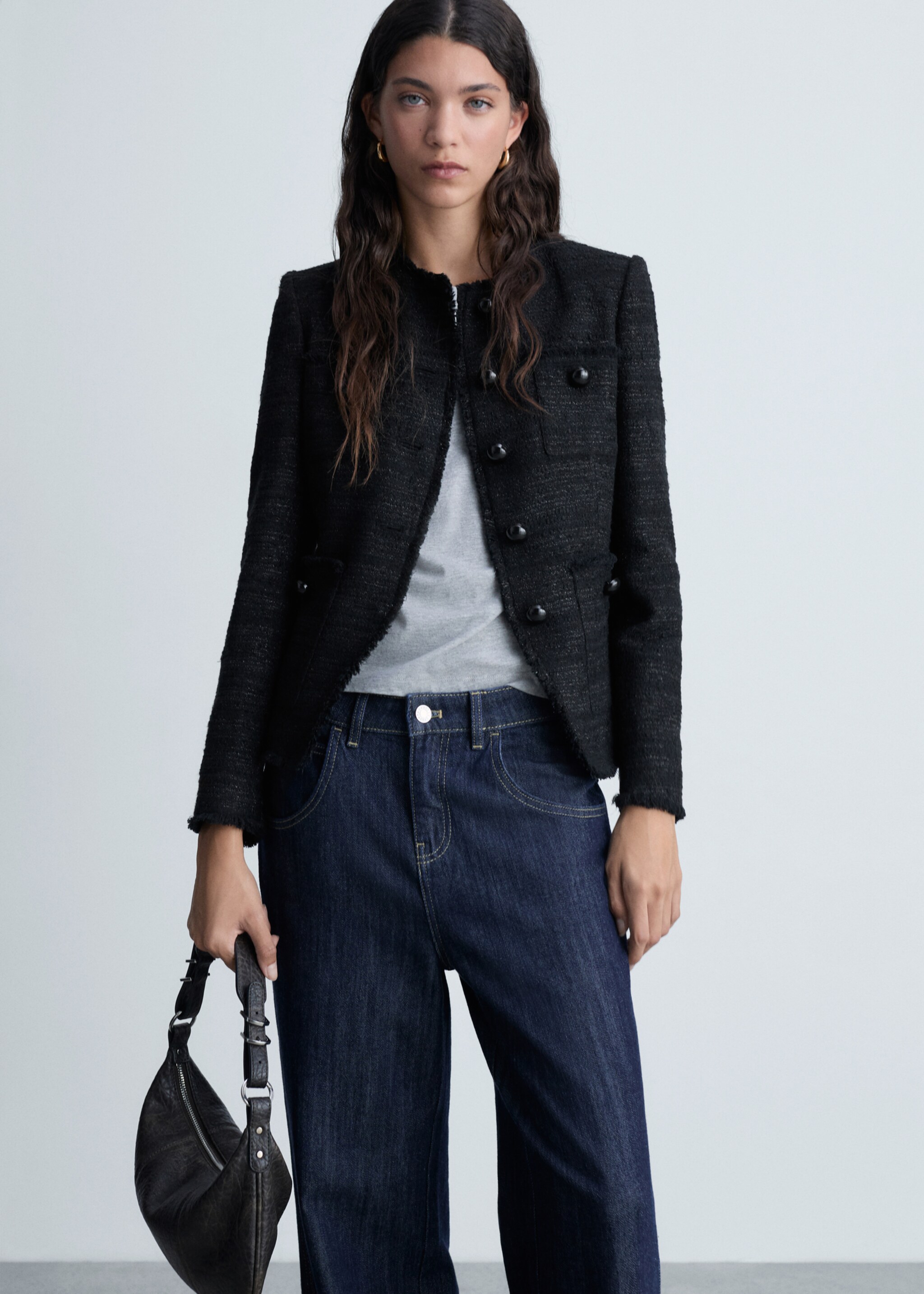 Tweed-Jacke mit Taschen - Mittlere Ansicht, Schwarz. Ref: 77059076-00.