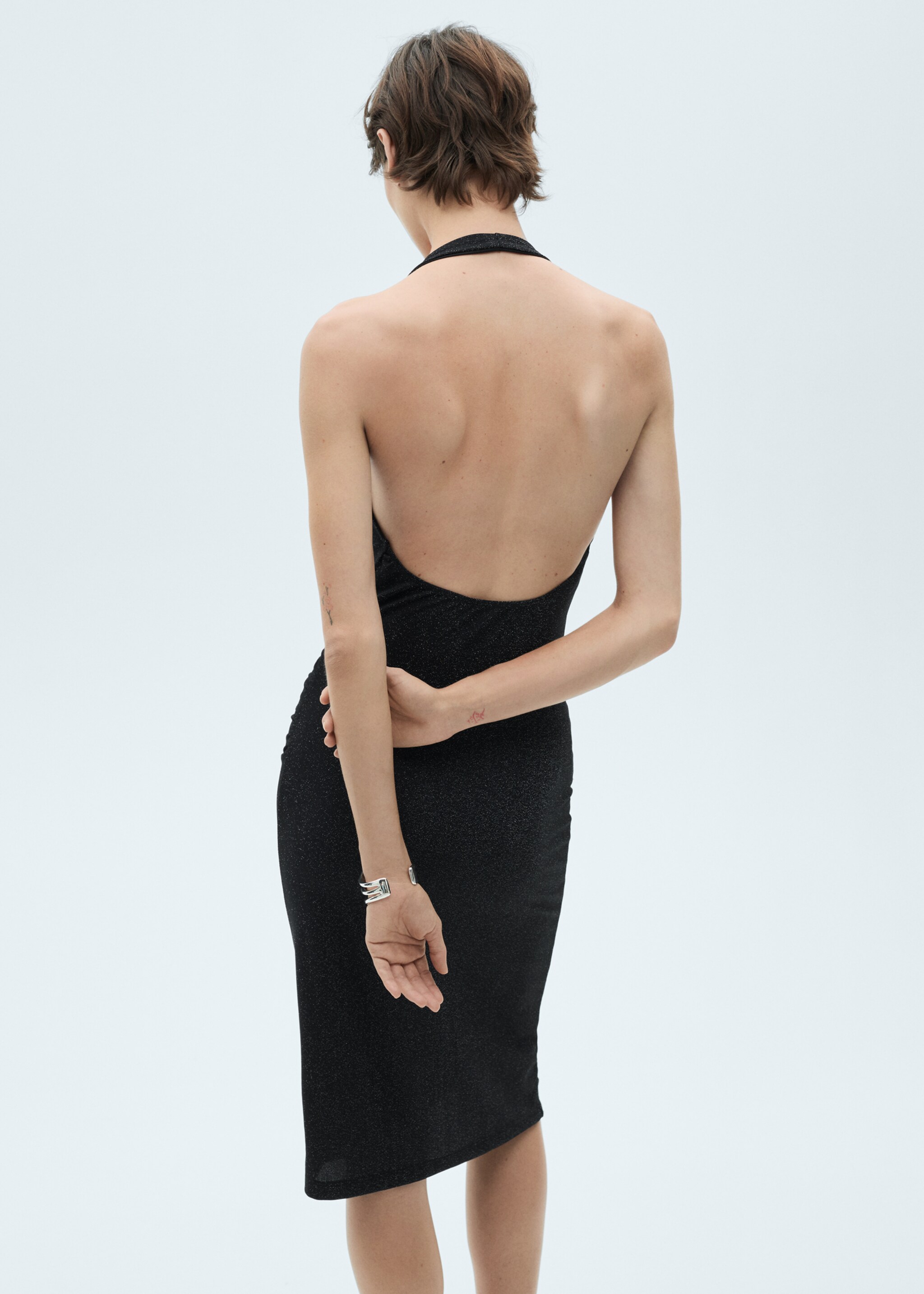 Lurexklänning med draperad halsringing - Artikelns baksida, Svart. Ref: 77059406-00.