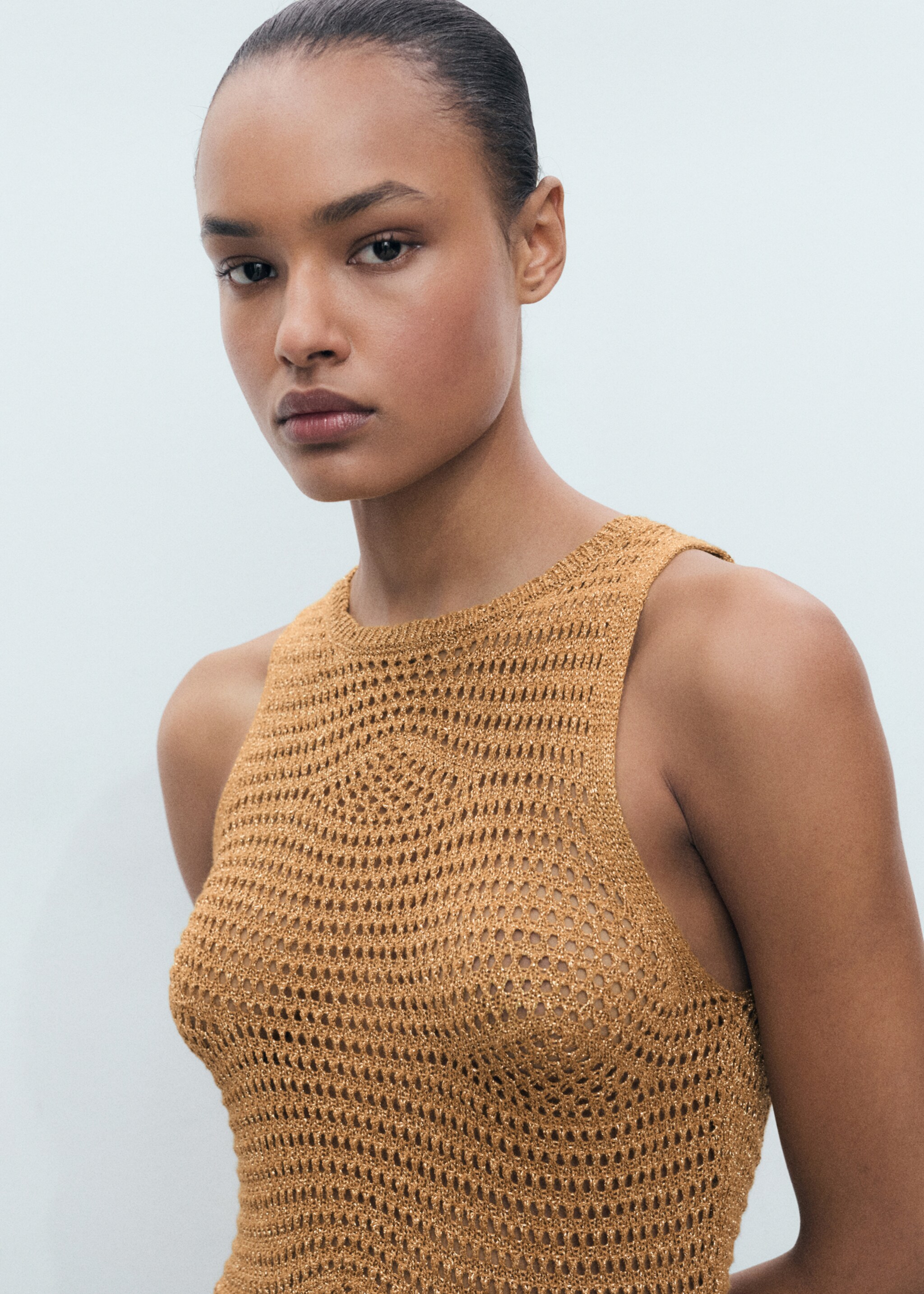 Long lurex crochet dress - Details of the article 1, Gold. Ref: 77060341-00.