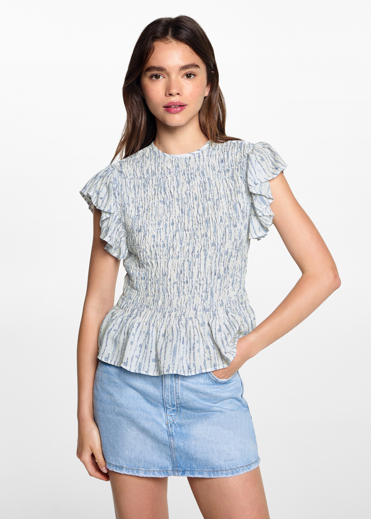 Frilled-sleeve ruched blouse - Medium plane