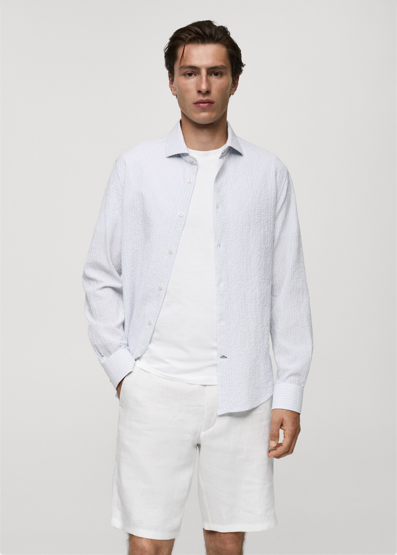 Regular-fit striped seersucker cotton shirt - Medium plane