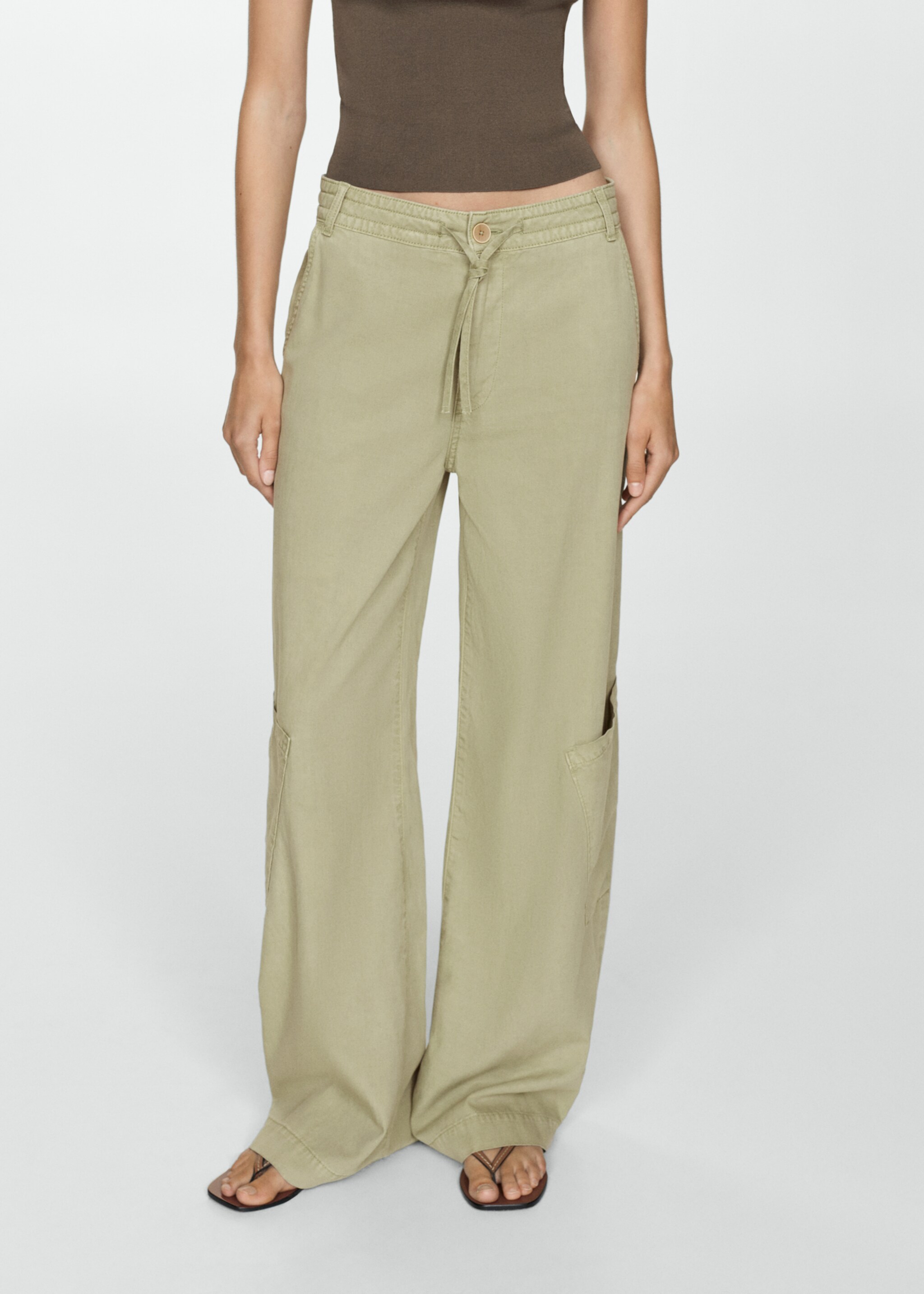 Pantalon Lyocell cordon de serrage - Plan moyen, Kaki. Ref: 77062915-00.