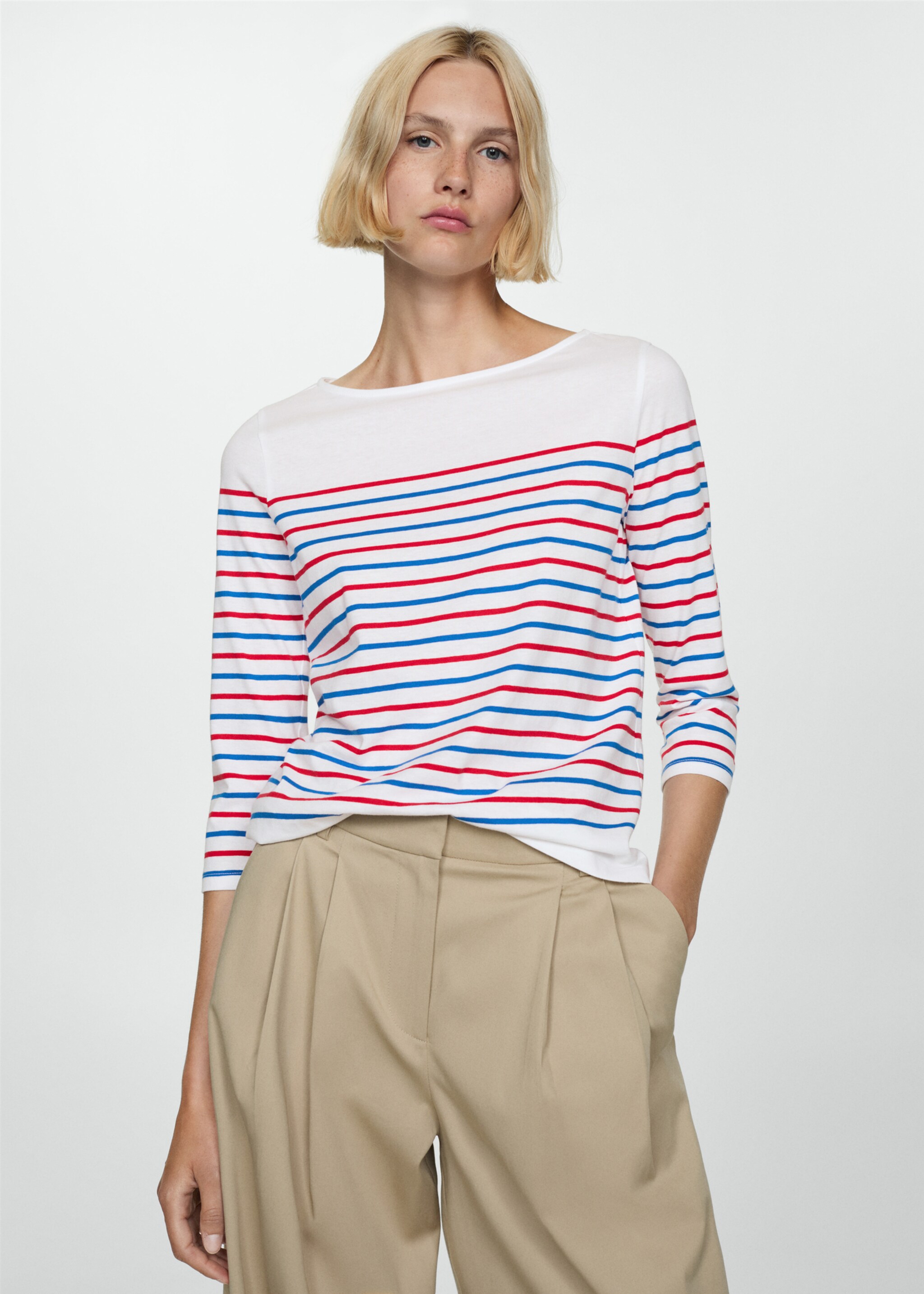 Samarreta ratlles coll vaixell - Pla mig, Blanc. Ref: 77064018-00.