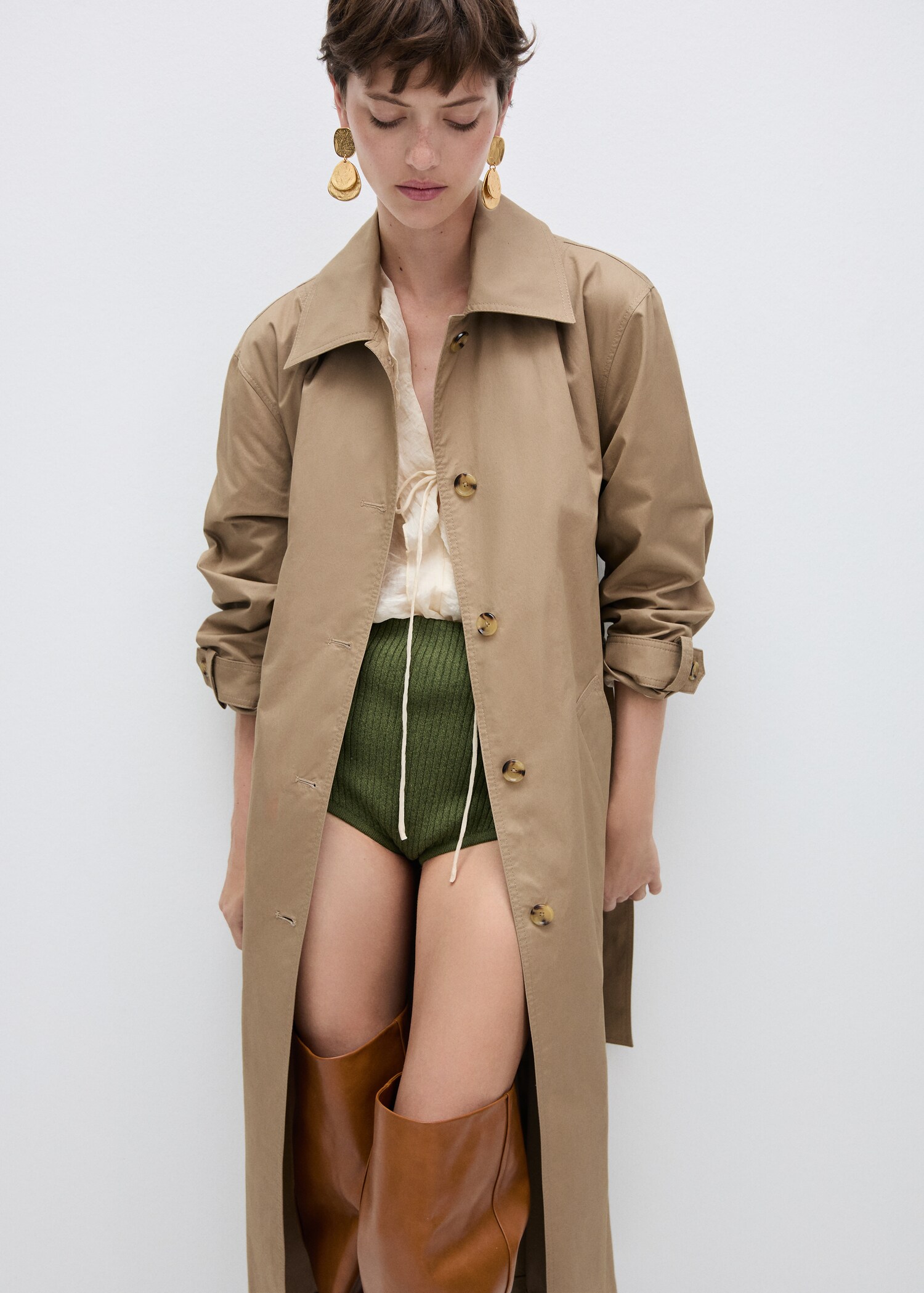 Cotton trench coat with shirt collar - Medium plane
