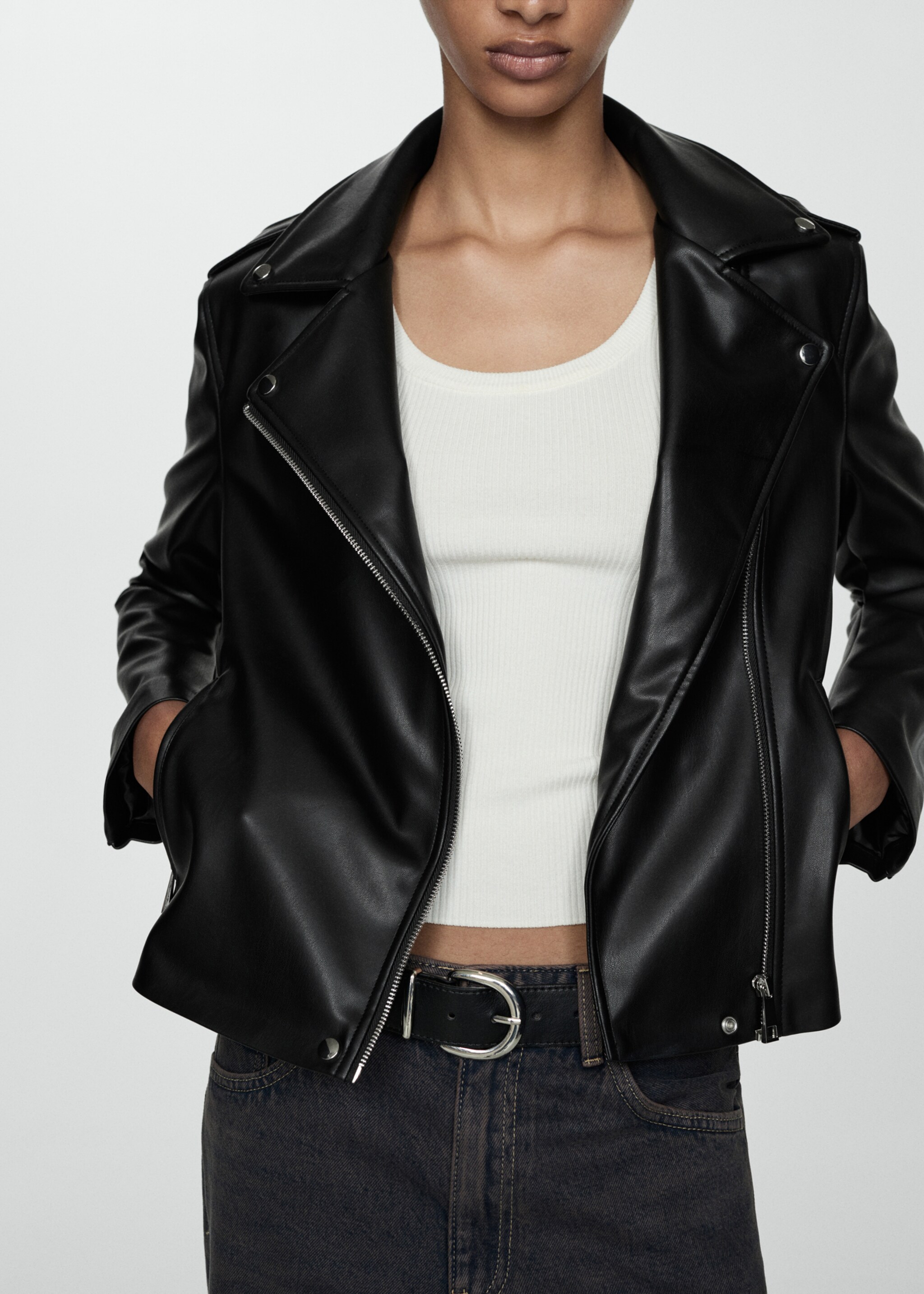 Cazadora biker efecto piel - Plano medio, Negro. Ref: 77064057-00.