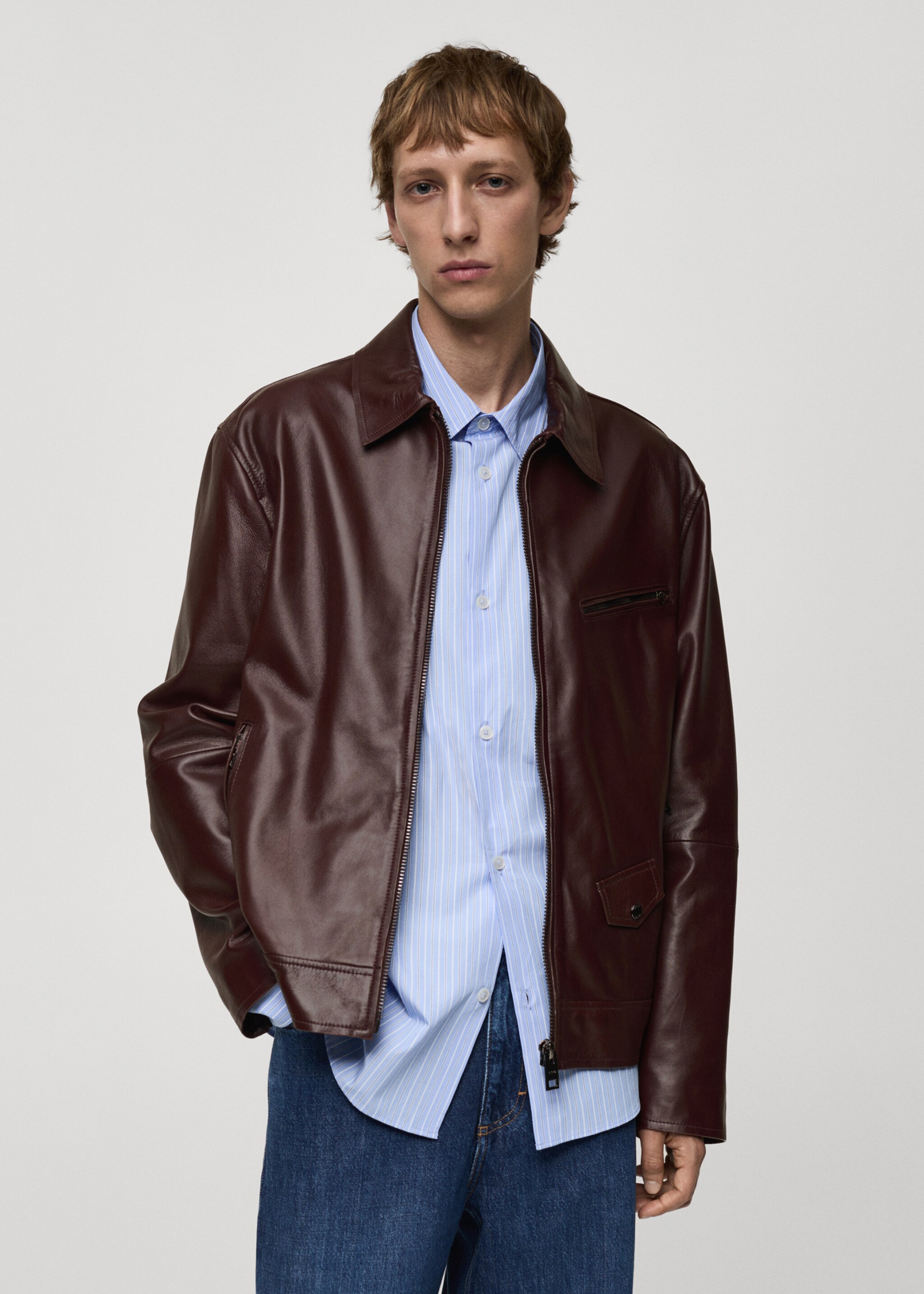 Blouson 100 % cuir nappa - Plan moyen, Bordeaux. Ref: 77064434-00.