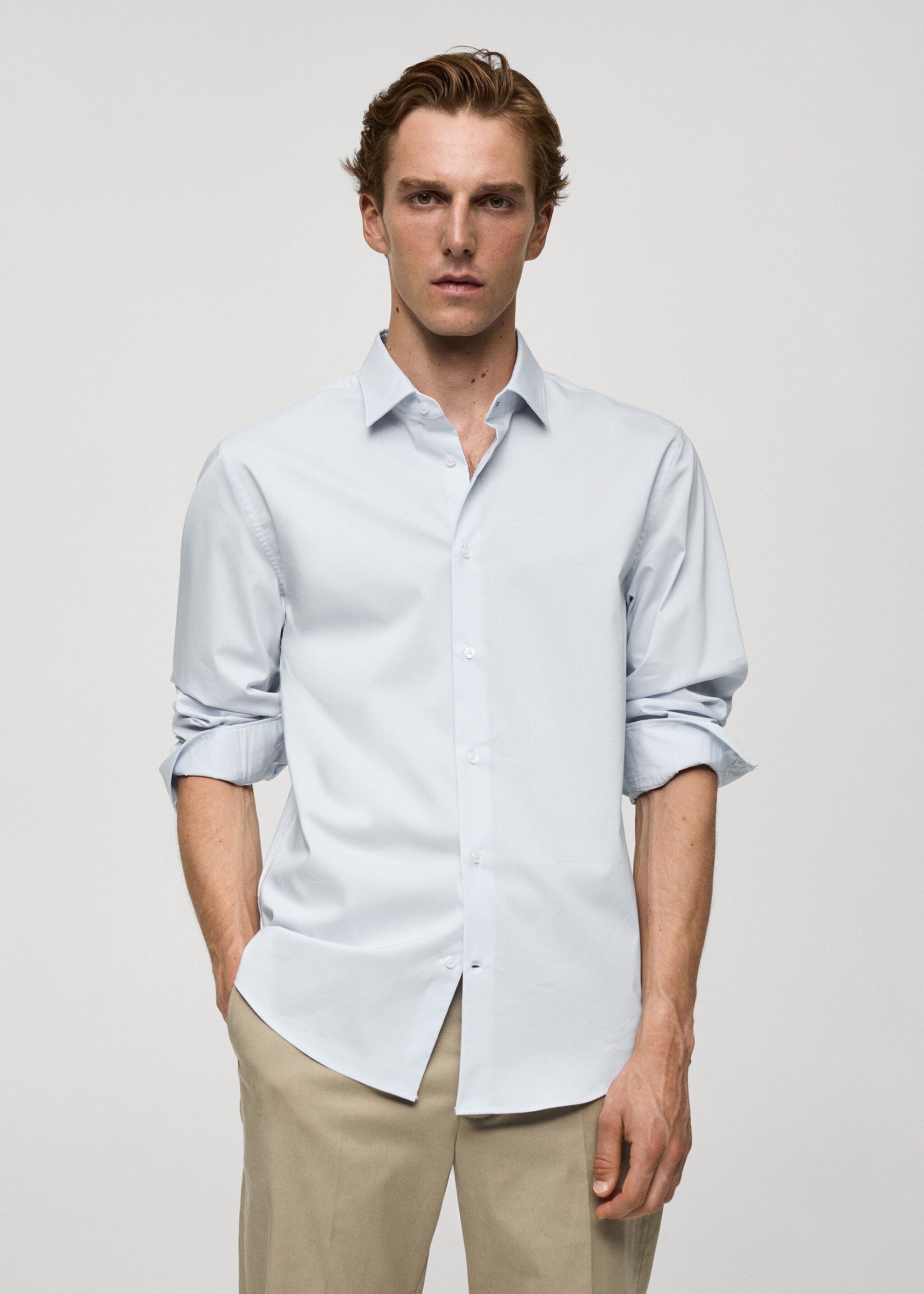 Camicia regular-fit cotone stretch - Piano medio, Celeste. Ref: 77064436-00.