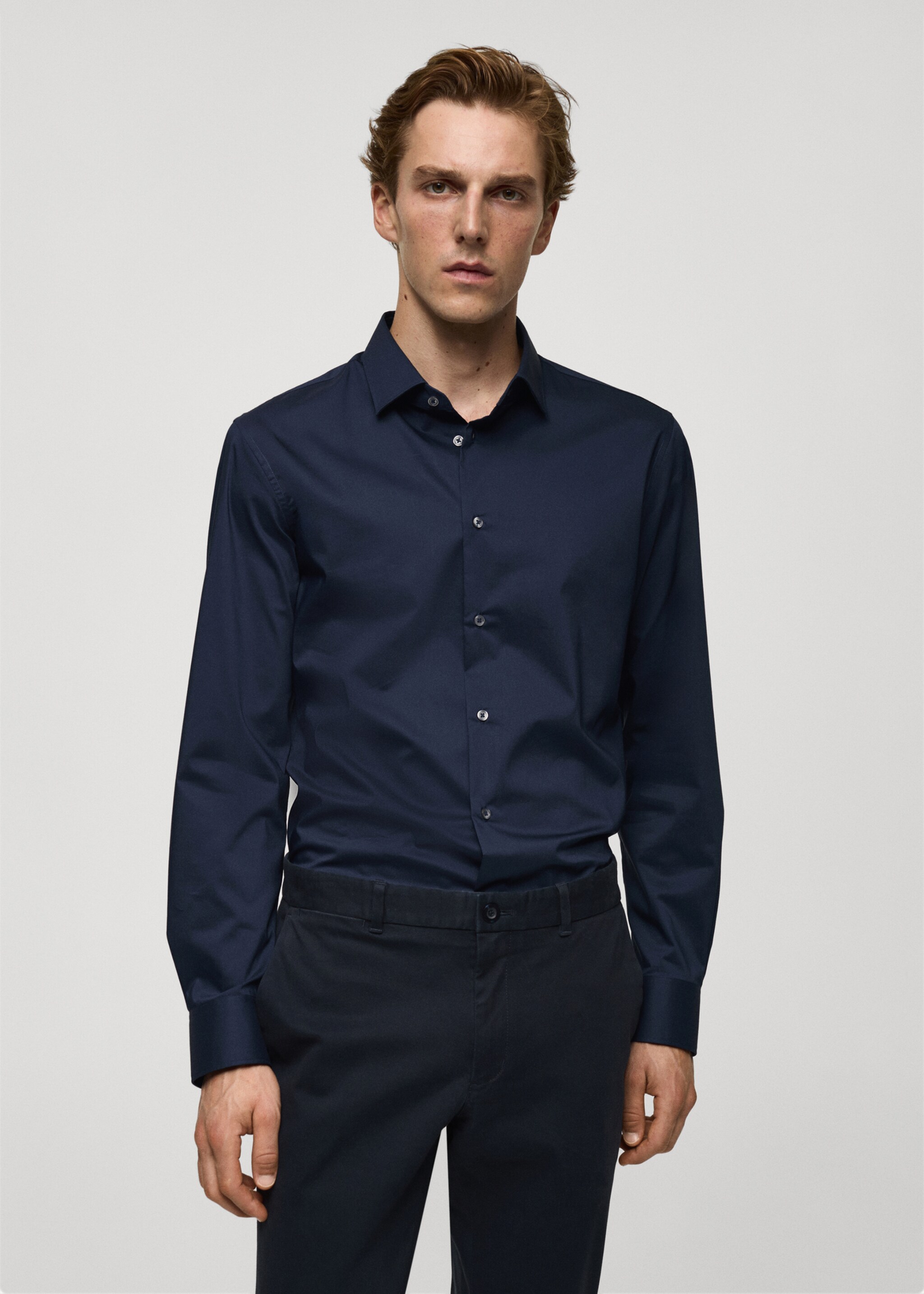 Cămașă regular fit din bumbac stretch - Plan mediu, Bleumarin închis. Ref: 77064436-00.