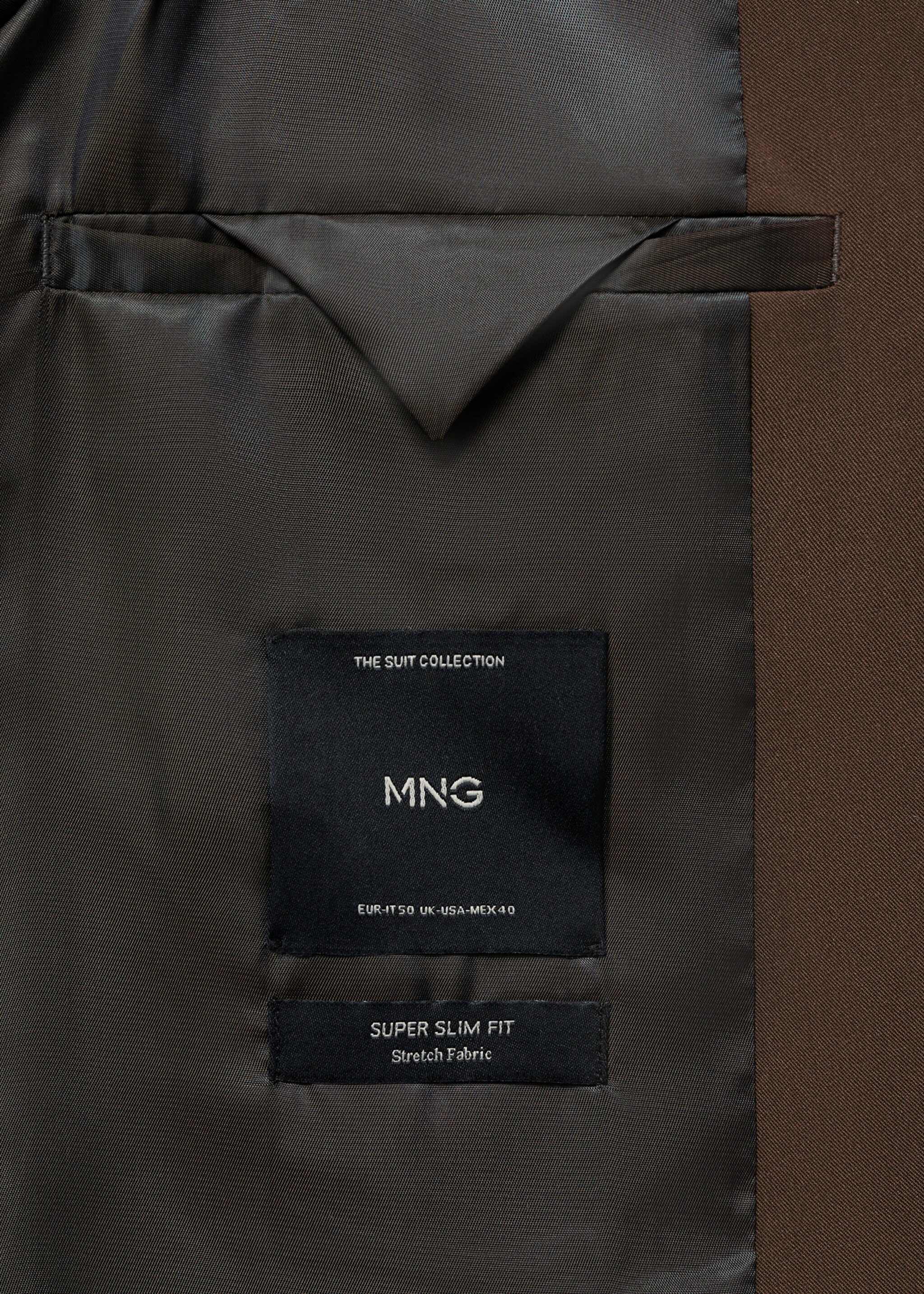 Super slim-fit suit jacket in stretch fabric - Details of the article 8, Tobacco Brown. Ref: 77064439-00.