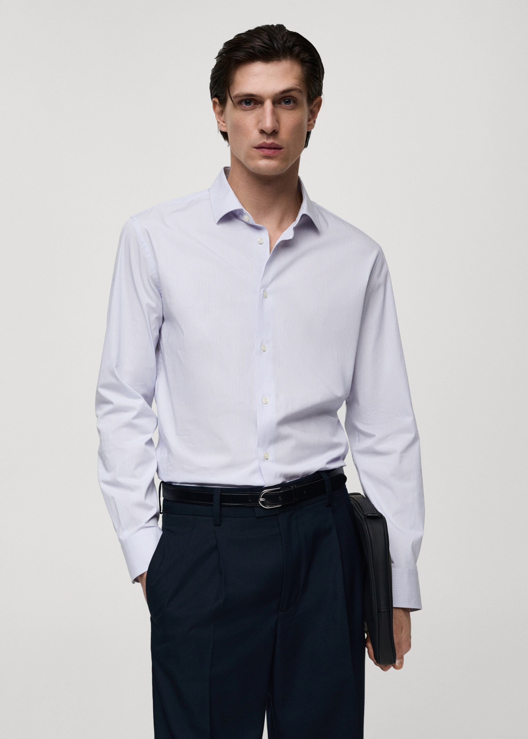 Slim fit fine-striped cotton shirt - Medium plane, White. Ref: 77064448-00.