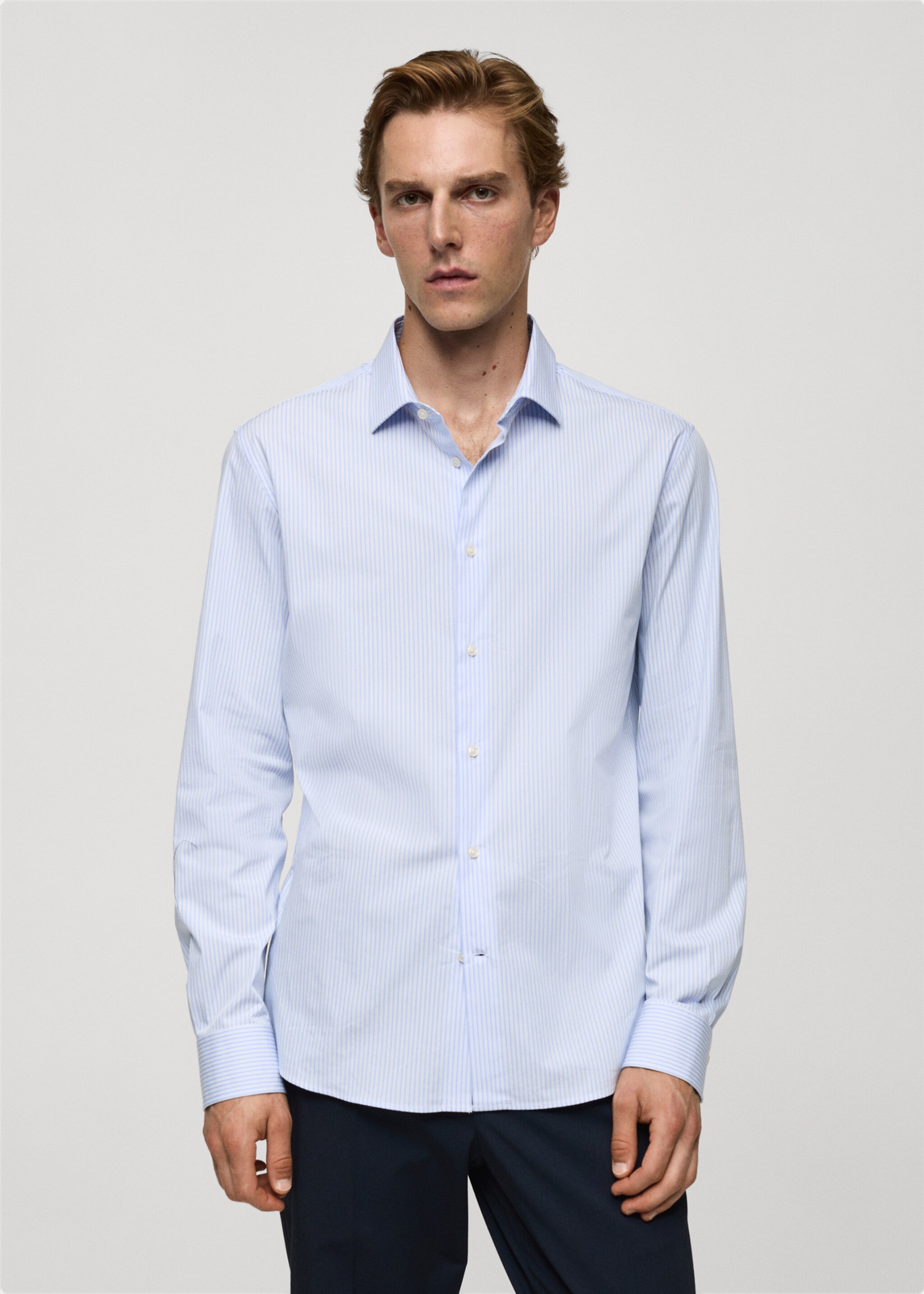 Slim fit fine-striped cotton shirt - Medium plane, Sky Blue. Ref: 77064448-00.