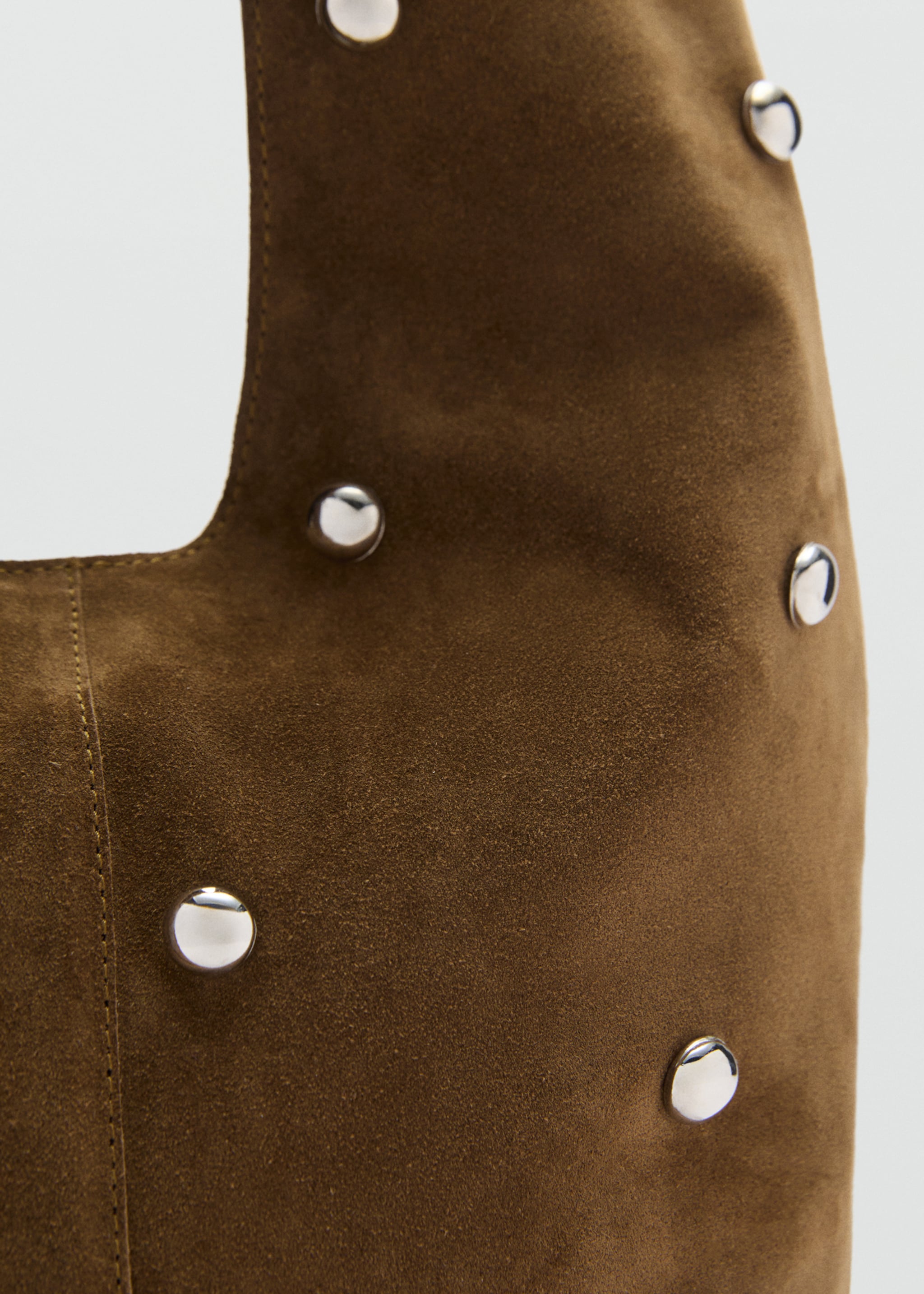 Suede leather studded handbag - Details of the article 1, Tobacco Brown. Ref: 77064793-00.