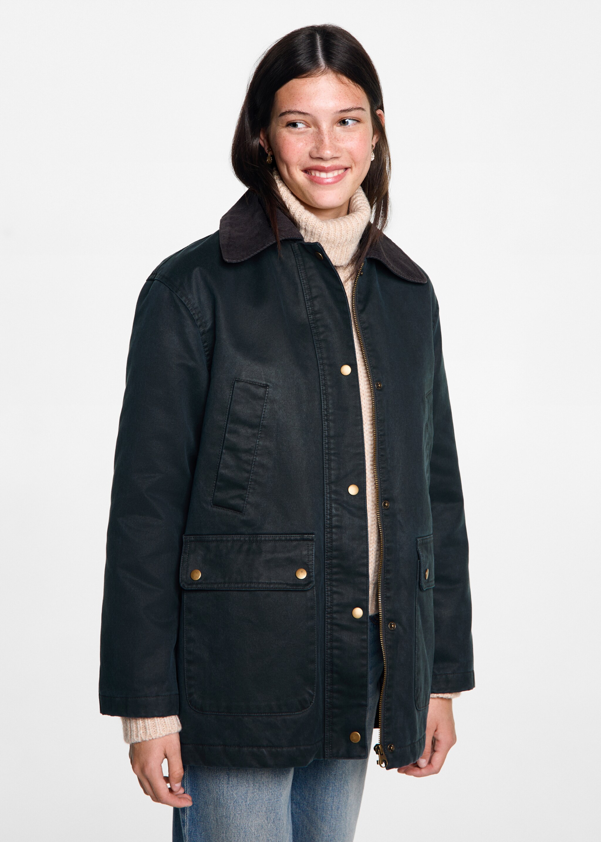 Long waxed-effect parka - Medium plane, Dark Navy. Ref: 77065630-00.