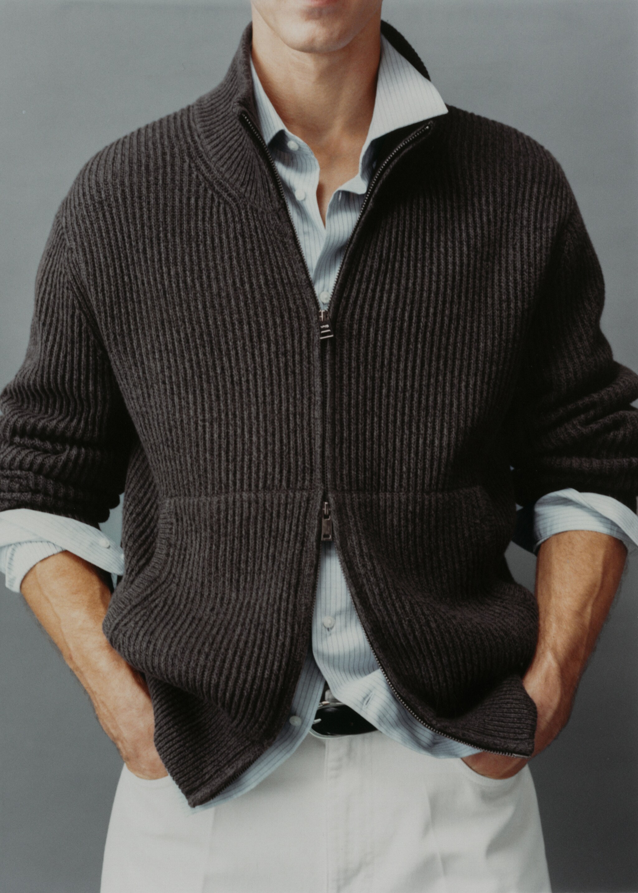 Pullover maglia spessa coste zip - Dettaglio dell'articolo 3, Grigio antracite. Ref: 77065975-00.