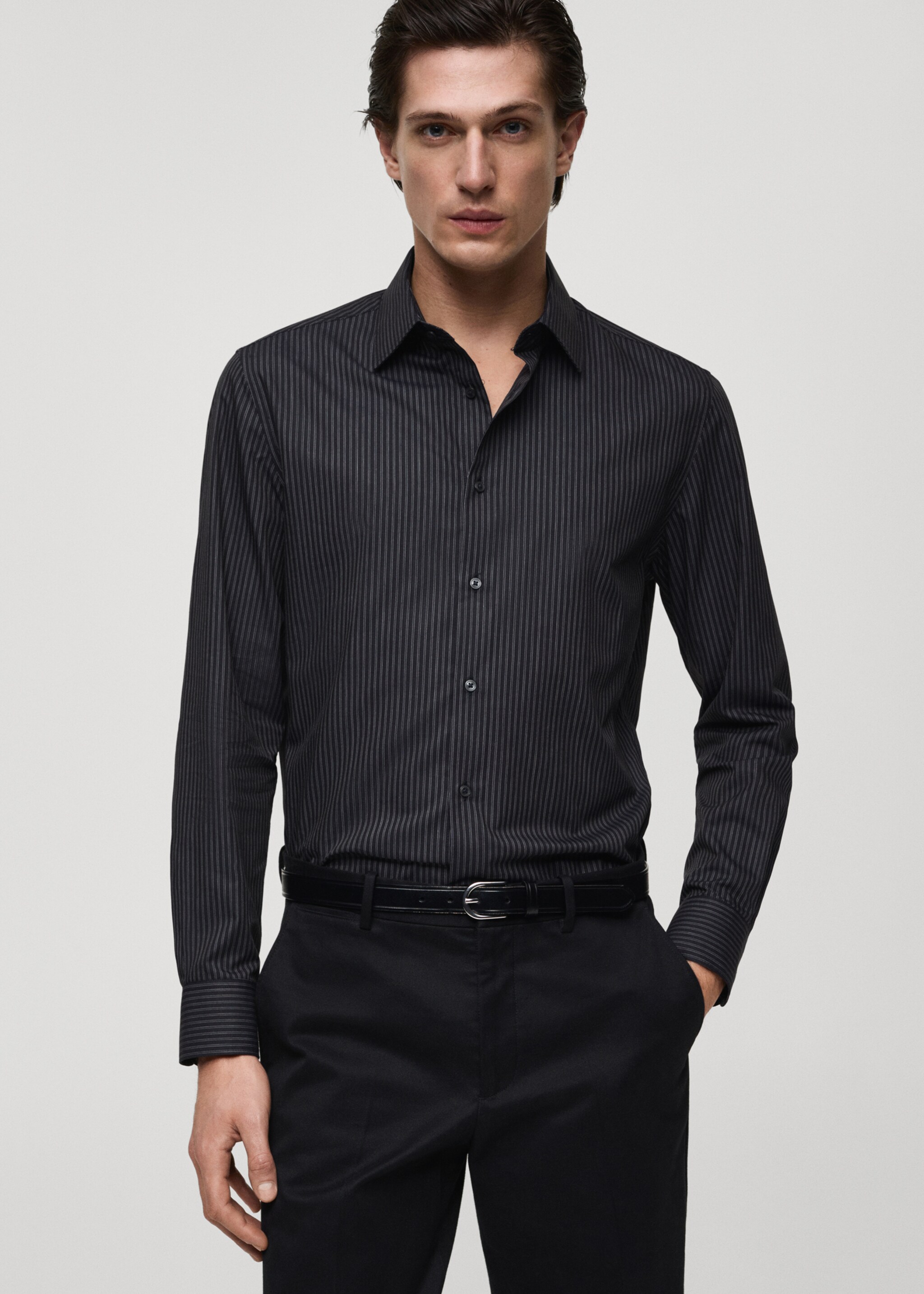 Camisa algodón slim fit raya diplomática - Detalle del artículo 4, Gris. Ref: 77065980-00.