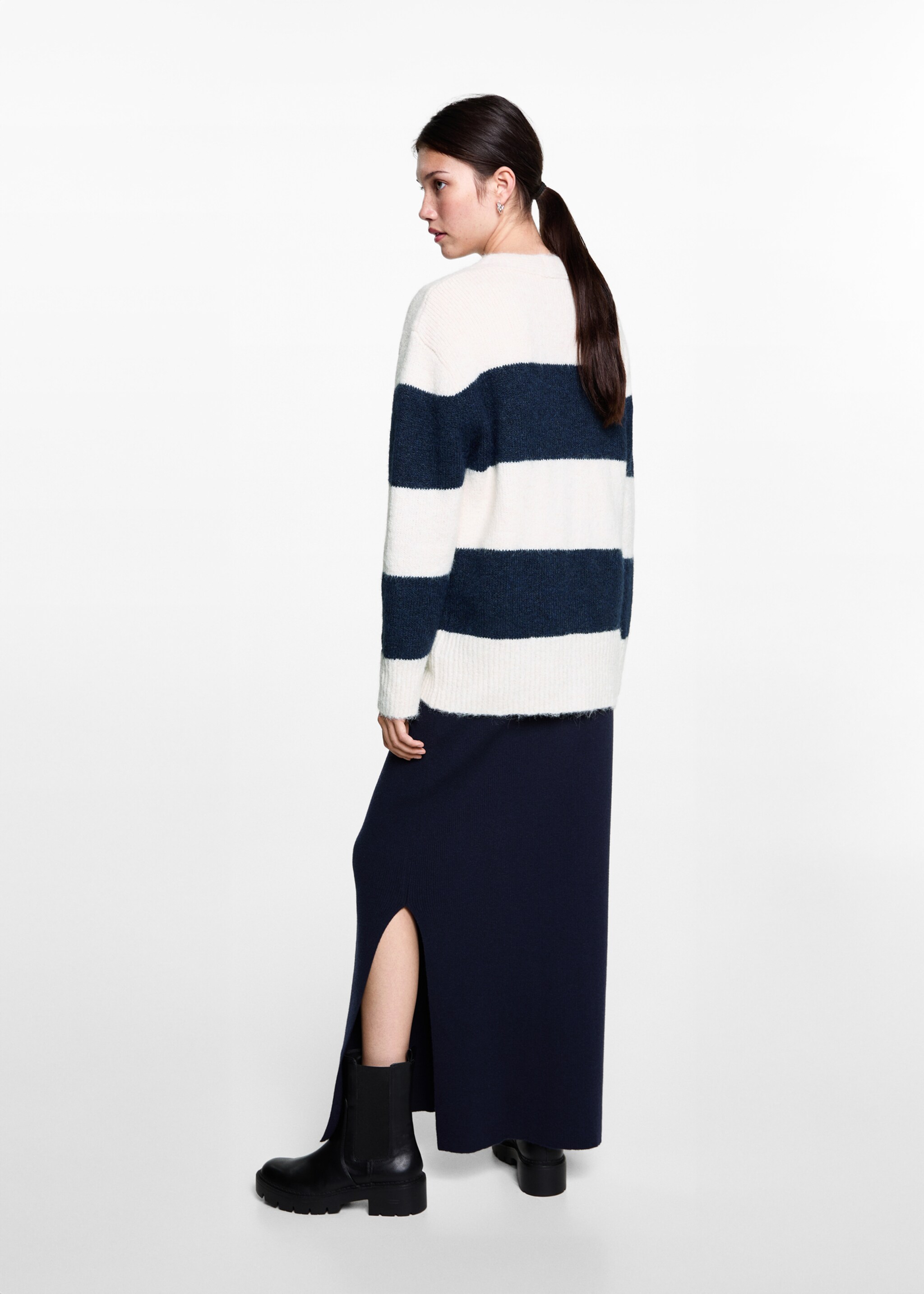 Cardigan maille rayures - Verso de l’article, Bleu marine foncé. Ref: 77066736-00.