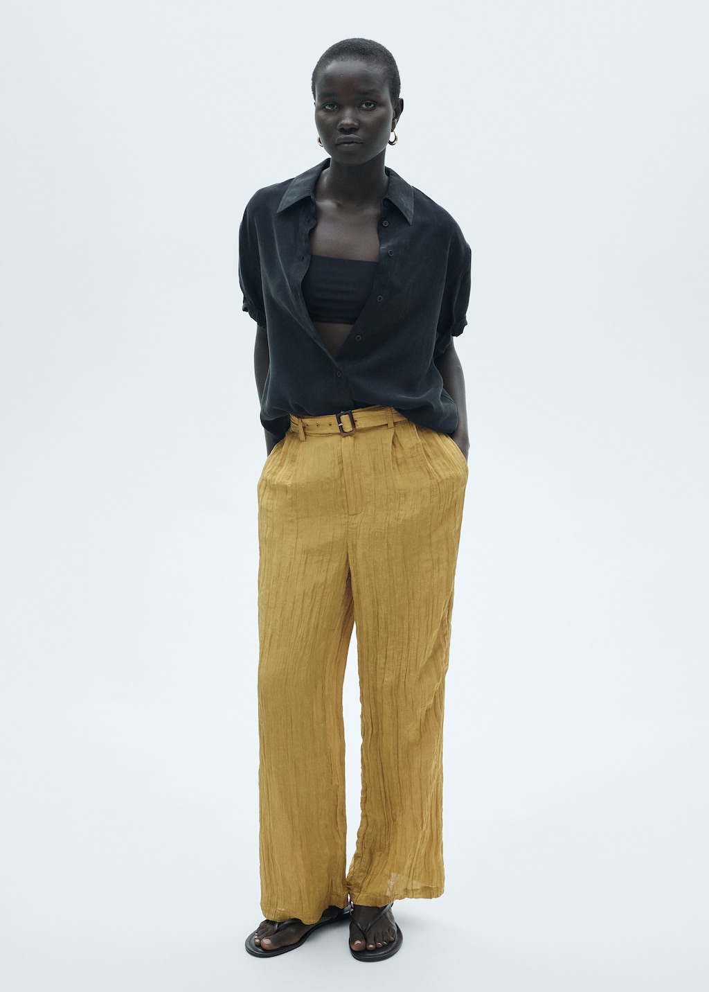 Textured trousers with belt - Women | MANGO OUTLET USA